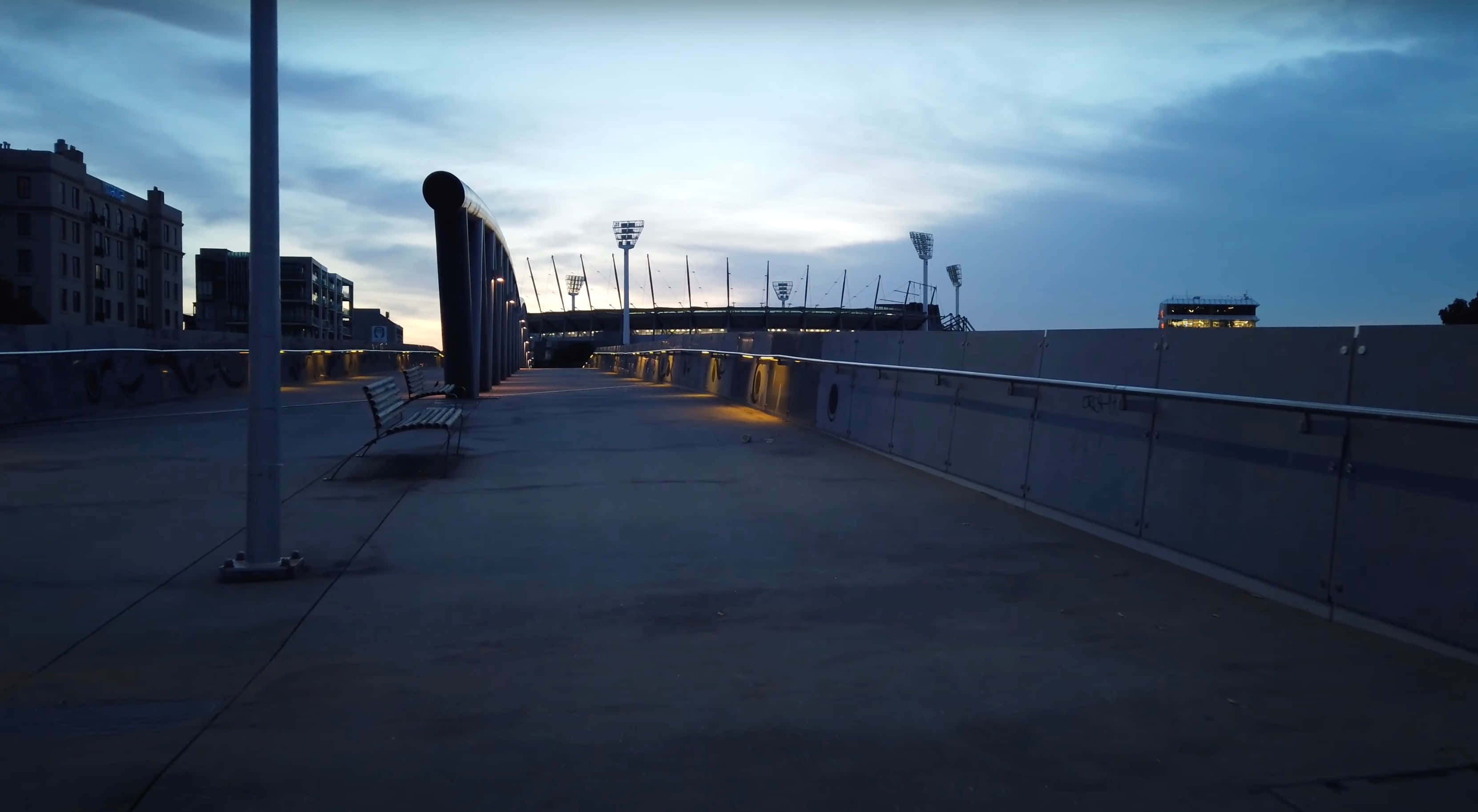Melbourne Cricket Ground, twilight view, elevated walkway, 2K Desktop Wallpaper