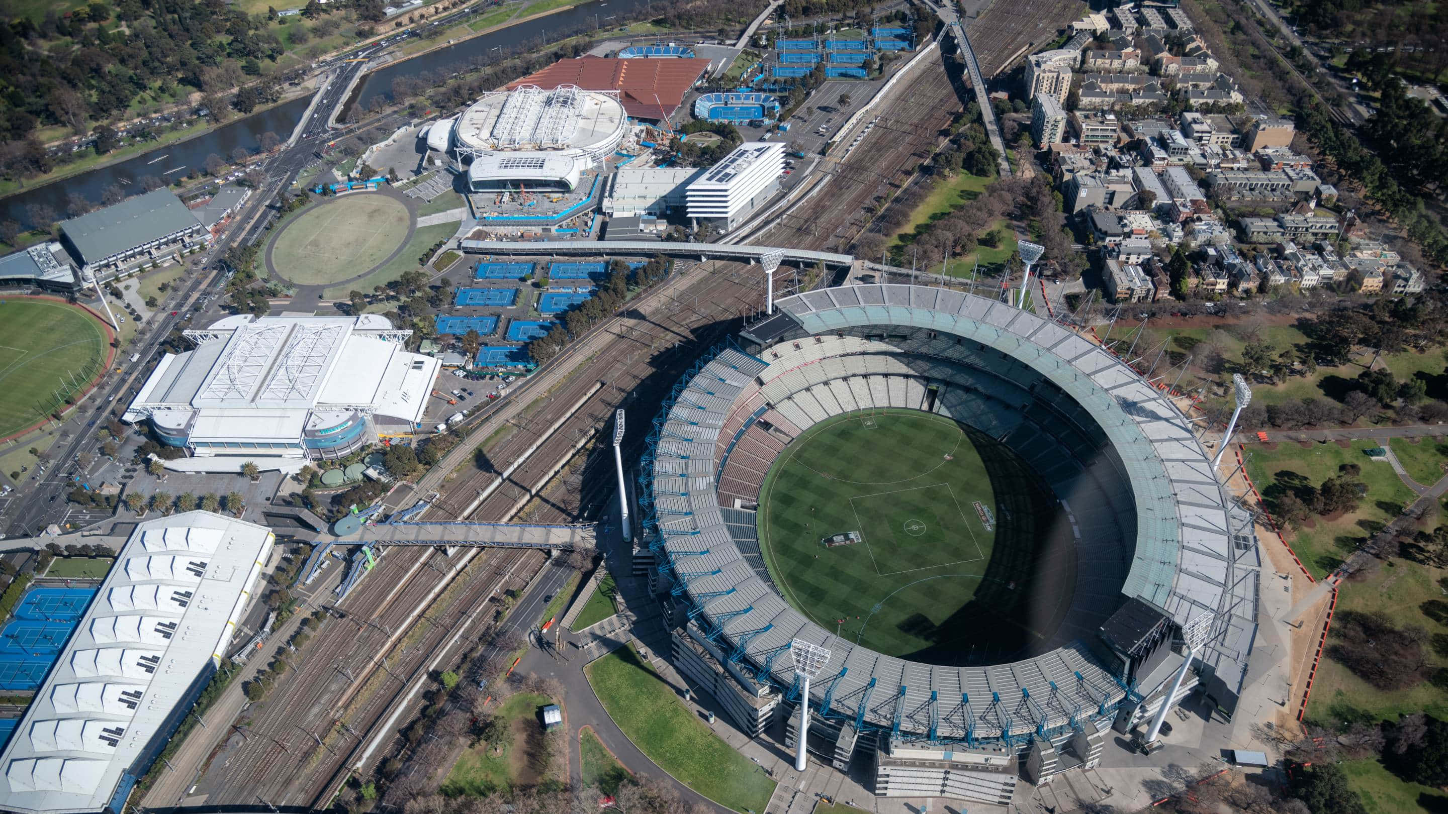 Melbourne Cricket Ground, aerial view, massive circular stadium, 2K Desktop Wallpaper