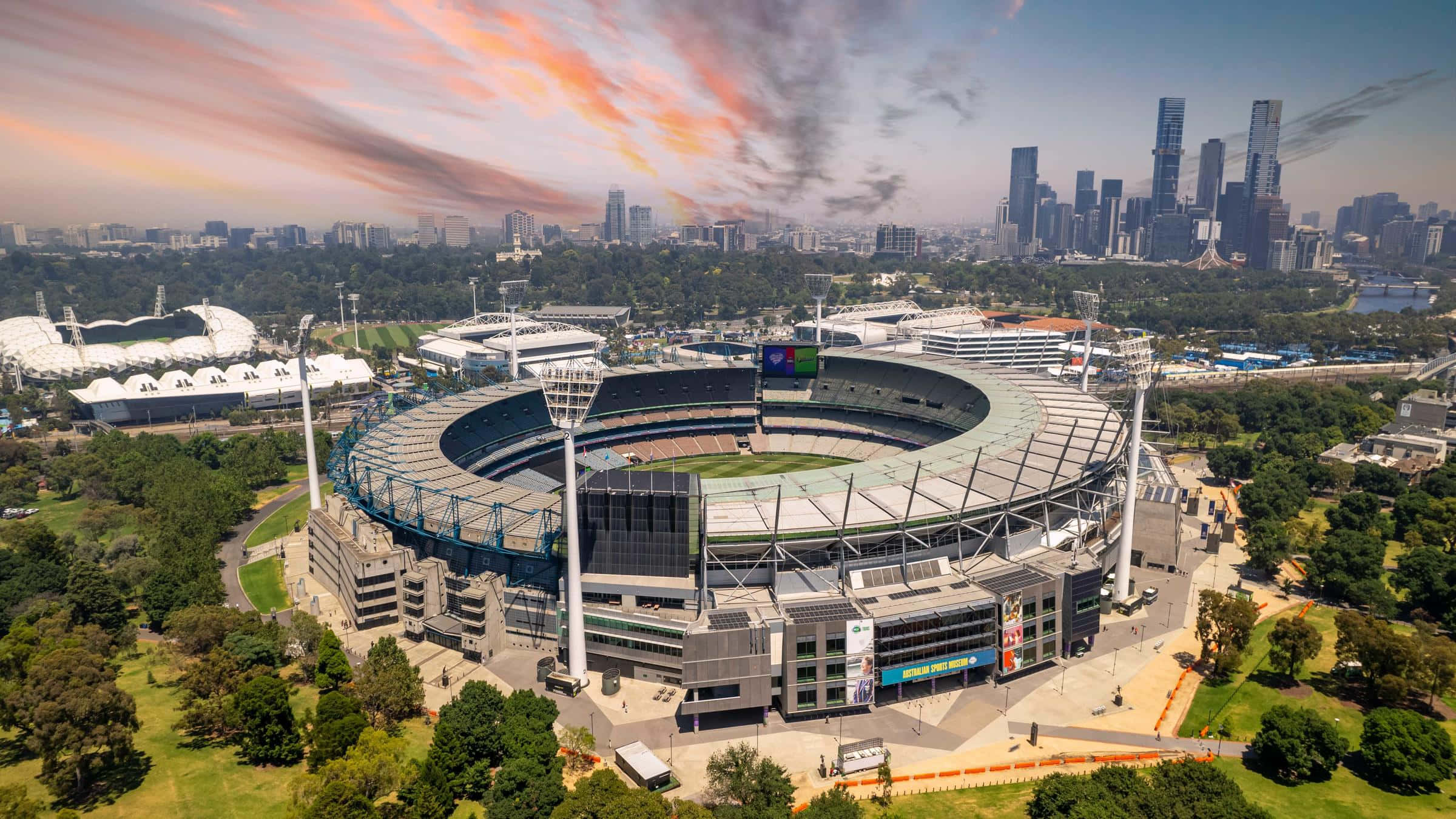 Melbourne Cricket Ground, circular stadium, greenery, Full HD Desktop Wallpaper