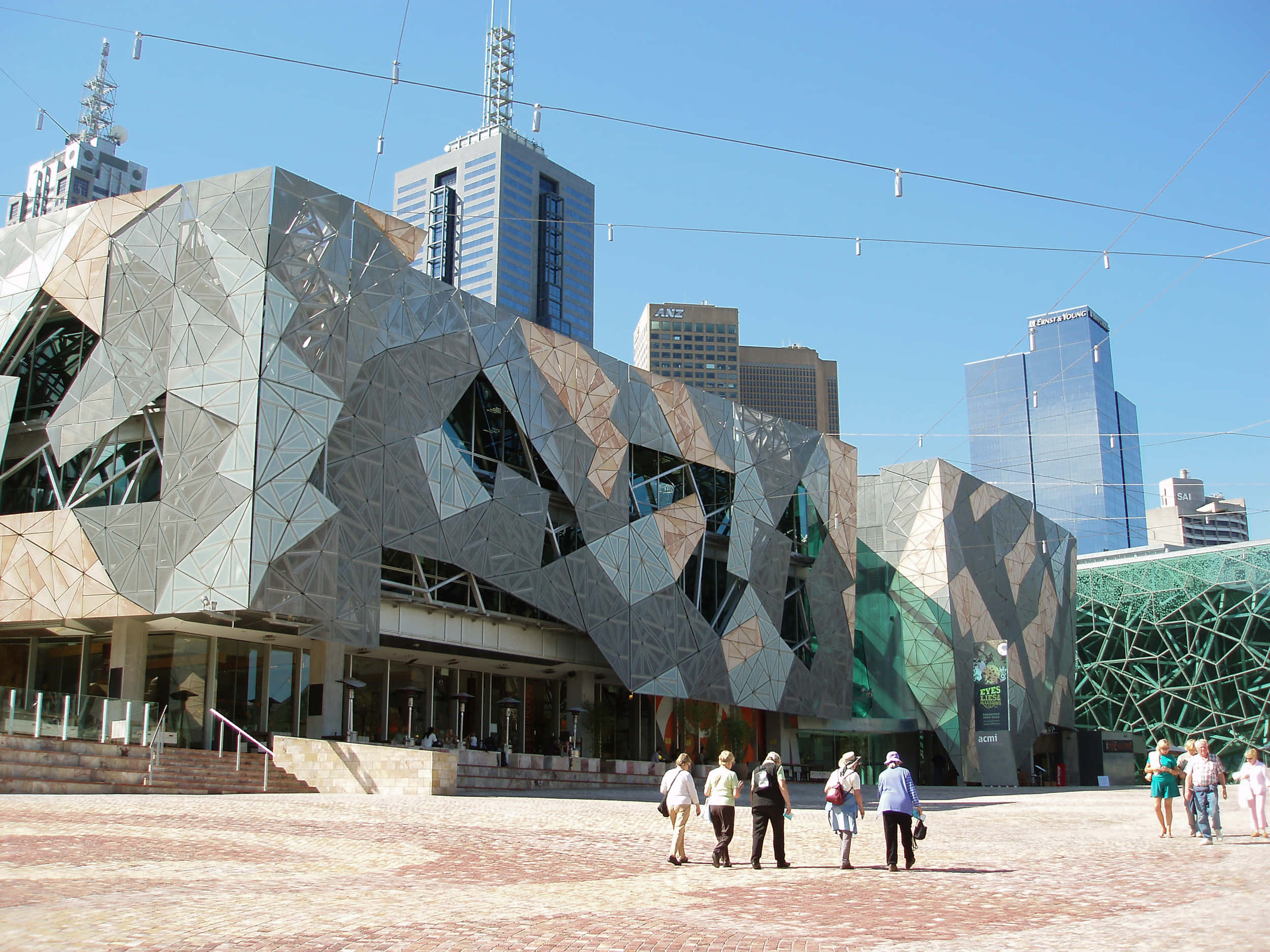 Melbourne Federation Square, glass and steel building, paved plaza, Full HD Desktop Wallpaper