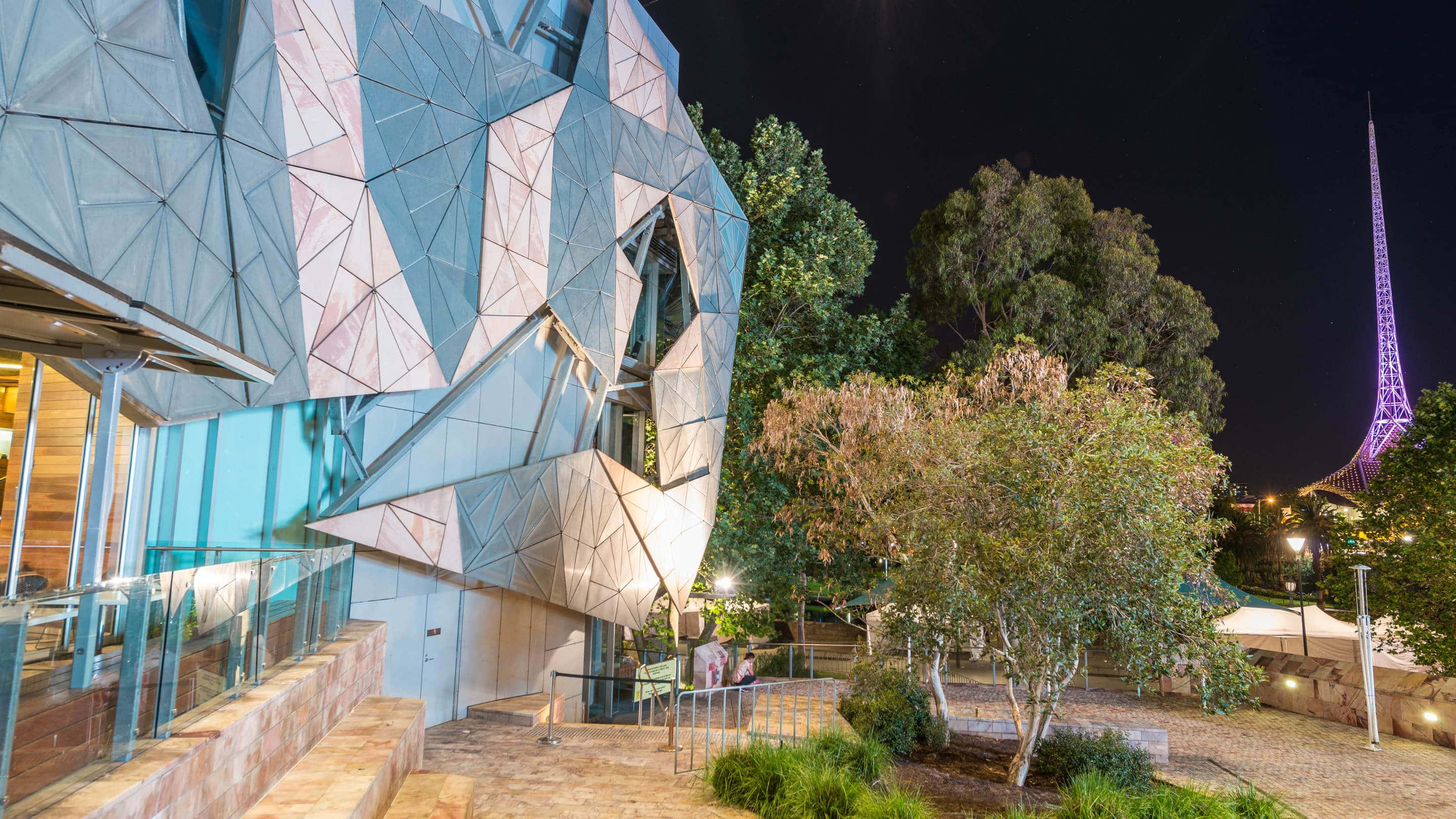Federation Square Melbourne, geometric glass building, purple-lit tower, 2K Desktop Wallpaper