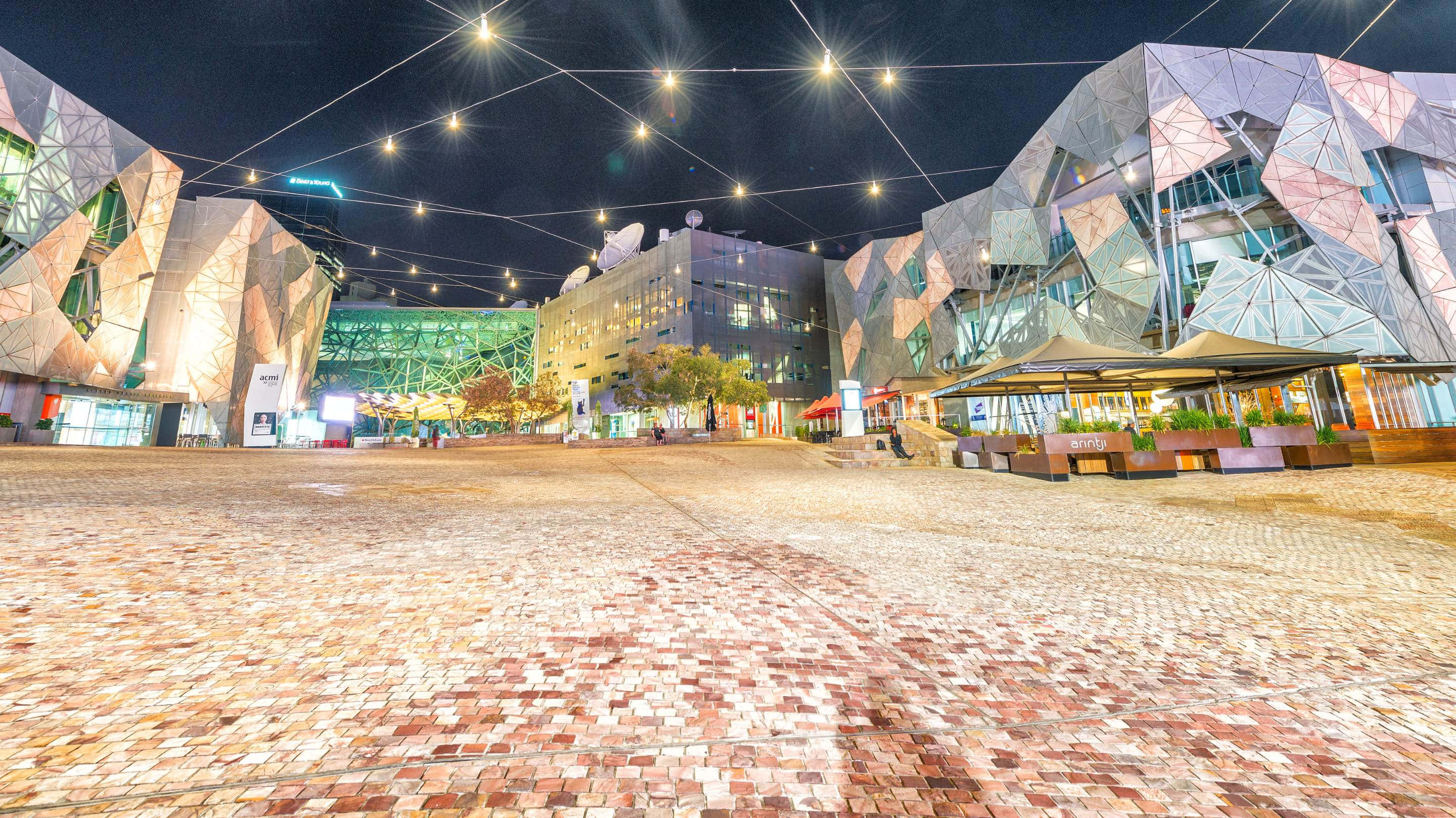 Melbourne Federation Square, night view, illuminated geometric buildings, 2K Desktop Wallpaper