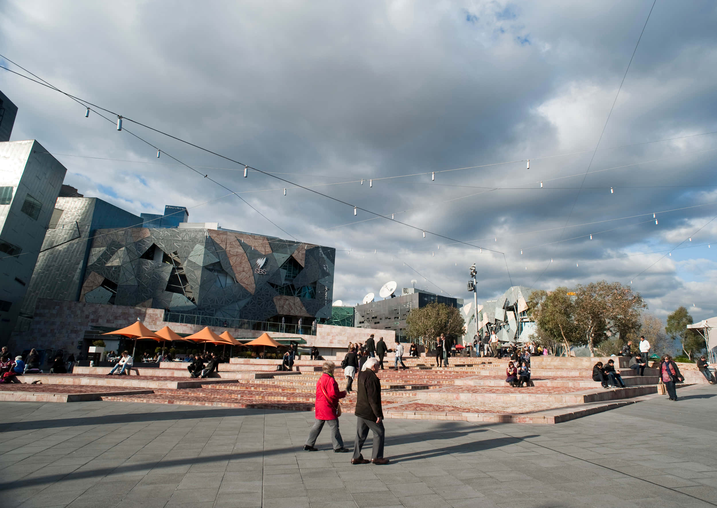 Federation Square Melbourne, daytime, modern urban plaza, Full HD Desktop Wallpaper