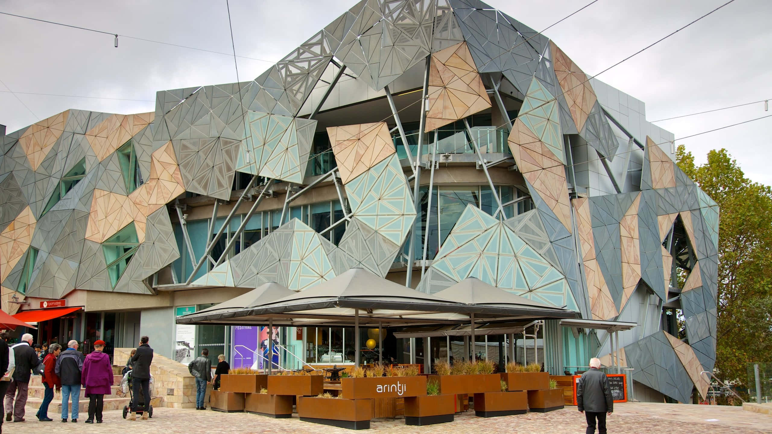 Melbourne Federation Square, geometric metallic panels, wood panels, 2K Desktop Wallpaper