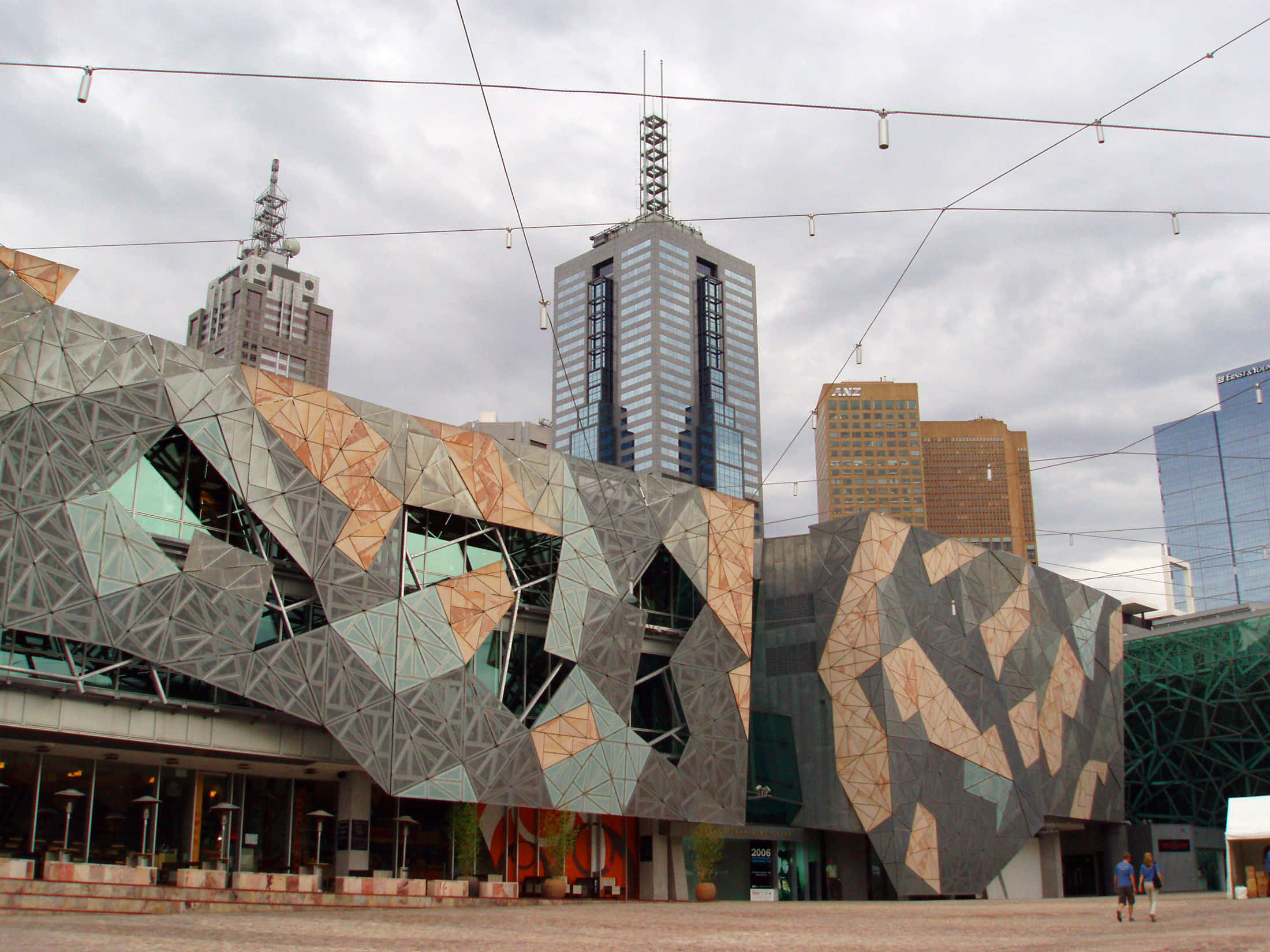 Melbourne Federation Square, metallic and glass panels, urban plaza, Full HD Desktop Wallpaper