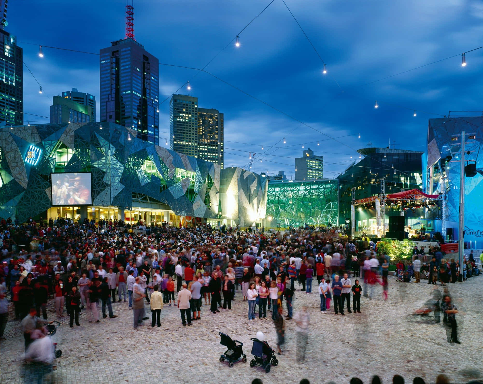 Federation Square, Melbourne, twilight, Full HD Desktop Wallpaper