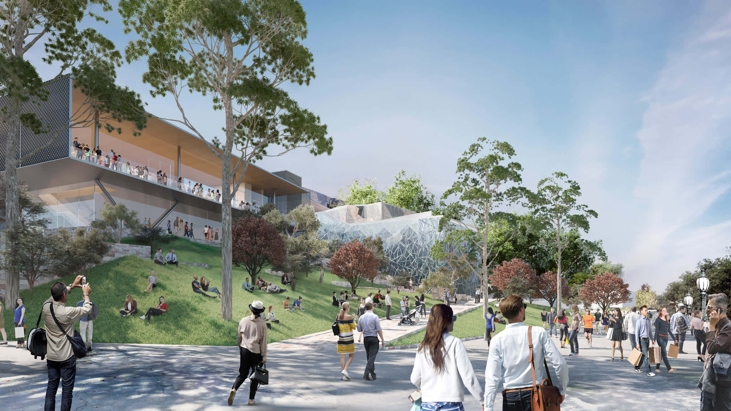 Melbourne Federation Square, glass and wood structures, lush green park, Full HD Desktop Wallpaper