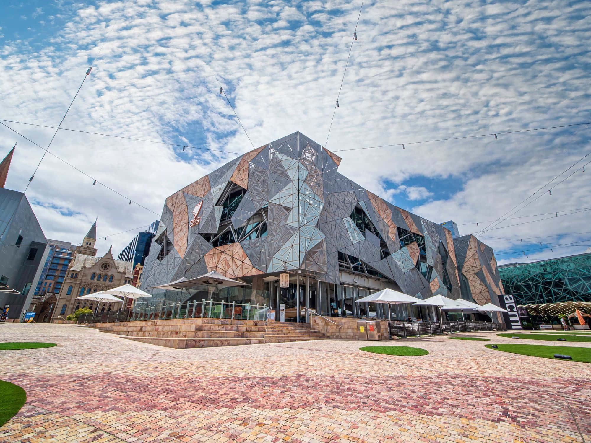 Federation Square Melbourne, modern building, shimmering geometric facade, Full HD Desktop Wallpaper