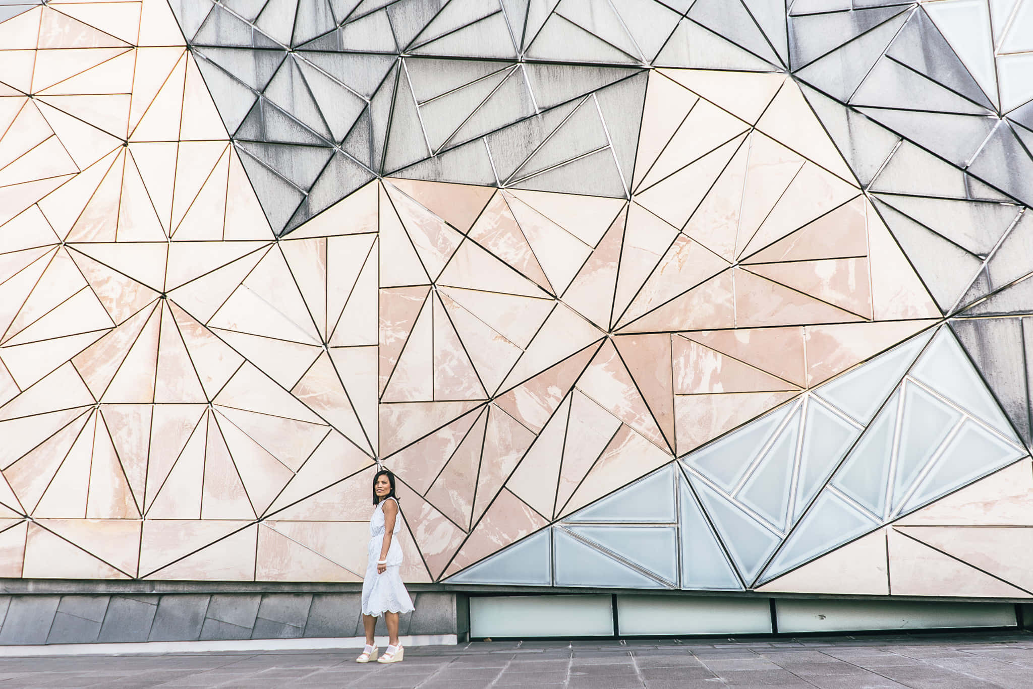 Melbourne Federation Square, geometric facade, white dress, Full HD Desktop Wallpaper