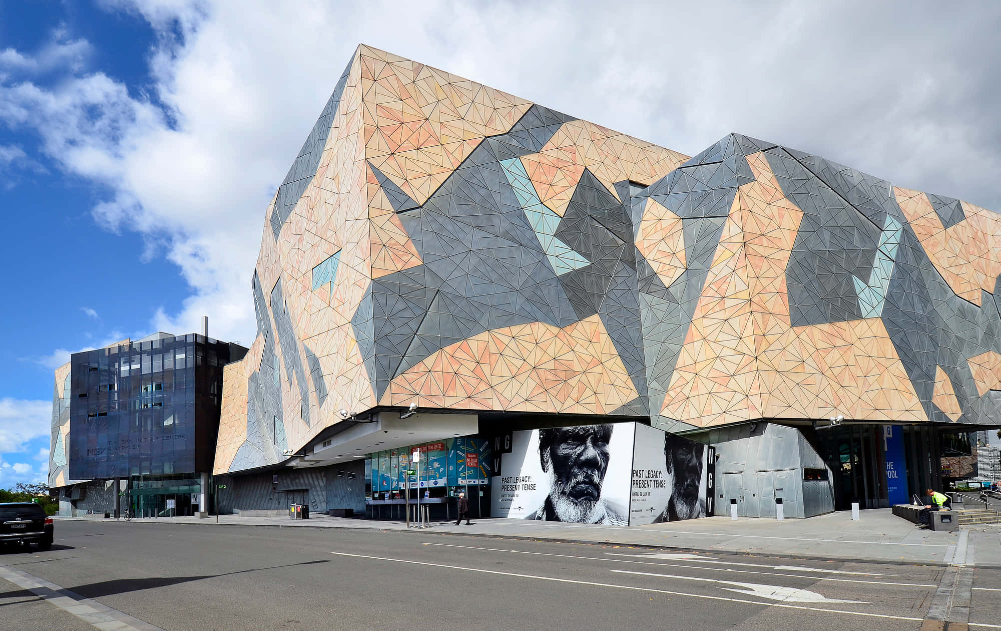 Melbourne Federation Square, orange and gray panels, geometric facade, Full HD Desktop Wallpaper