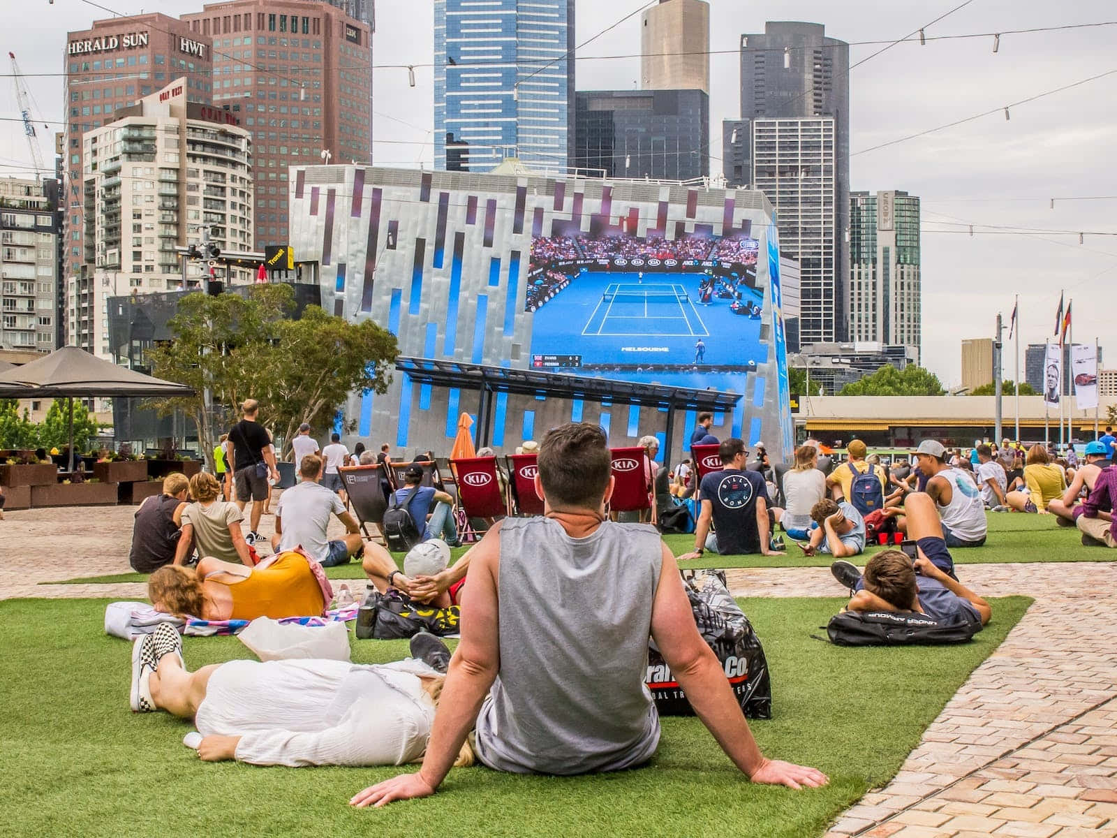 Melbourne Federation Square, giant screen, modern skyscrapers, HD Desktop Wallpaper