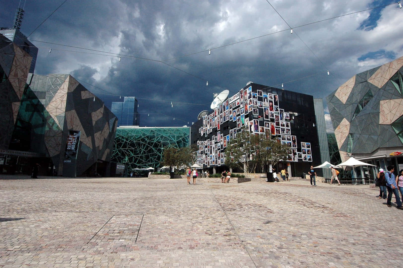 Melbourne Federation Square, stormy skies, cobblestone plaza, HD Desktop Wallpaper