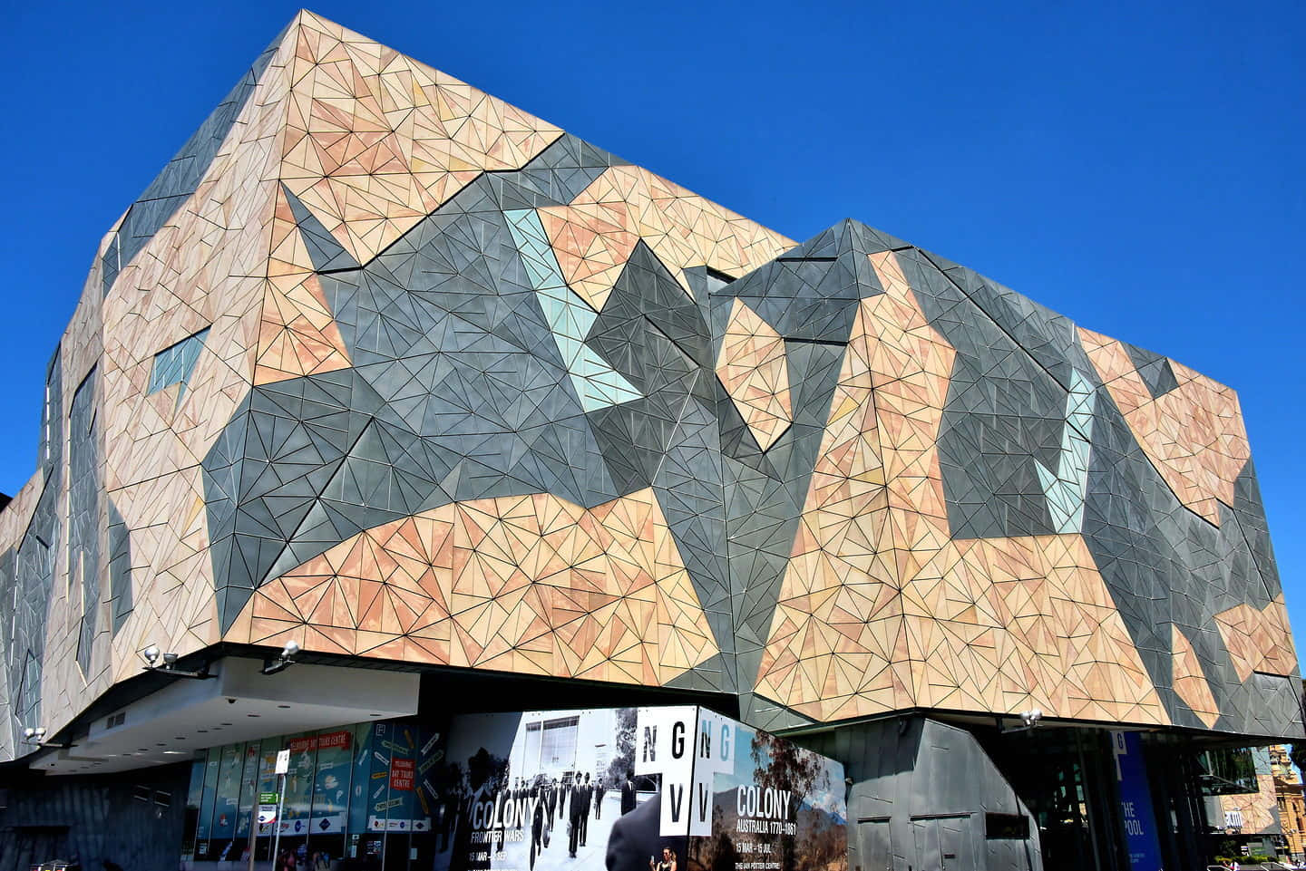 Melbourne Federation Square, deconstructivist architecture, angular building, HD Desktop Wallpaper