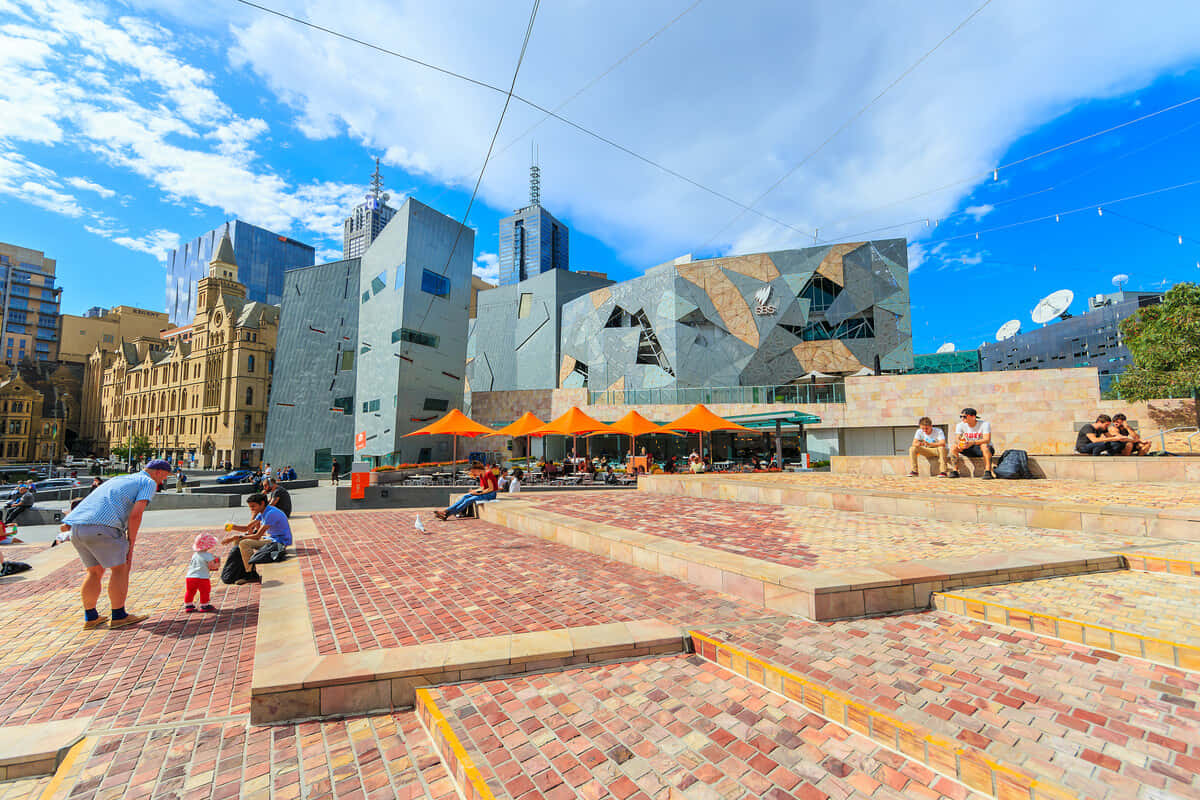 Melbourne Federation Square, angular silver and wood facade building, brick terraces, SD Desktop Wallpaper