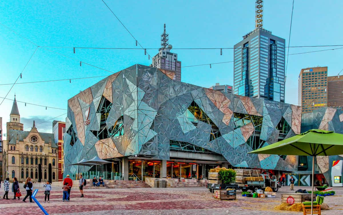 Melbourne Federation Square, dusk view, geometric glass building, SD Desktop Wallpaper