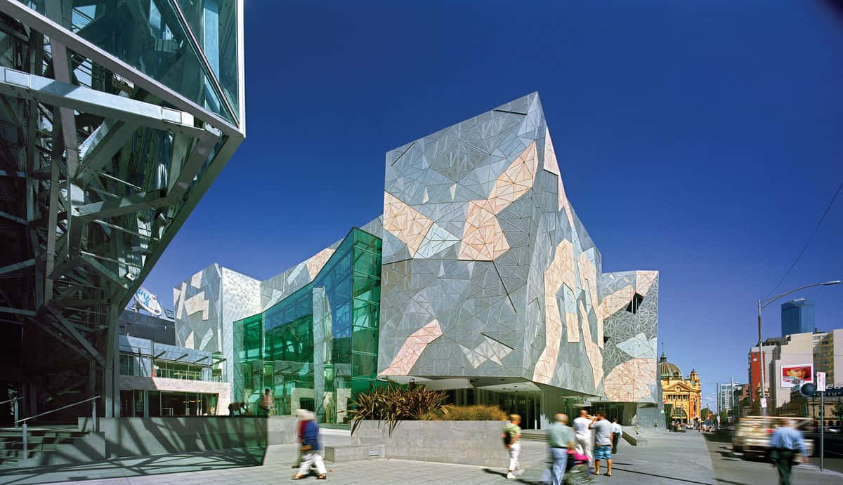 Melbourne Federation Square, angular building, shimmering glass and metal panels, SD Desktop Wallpaper