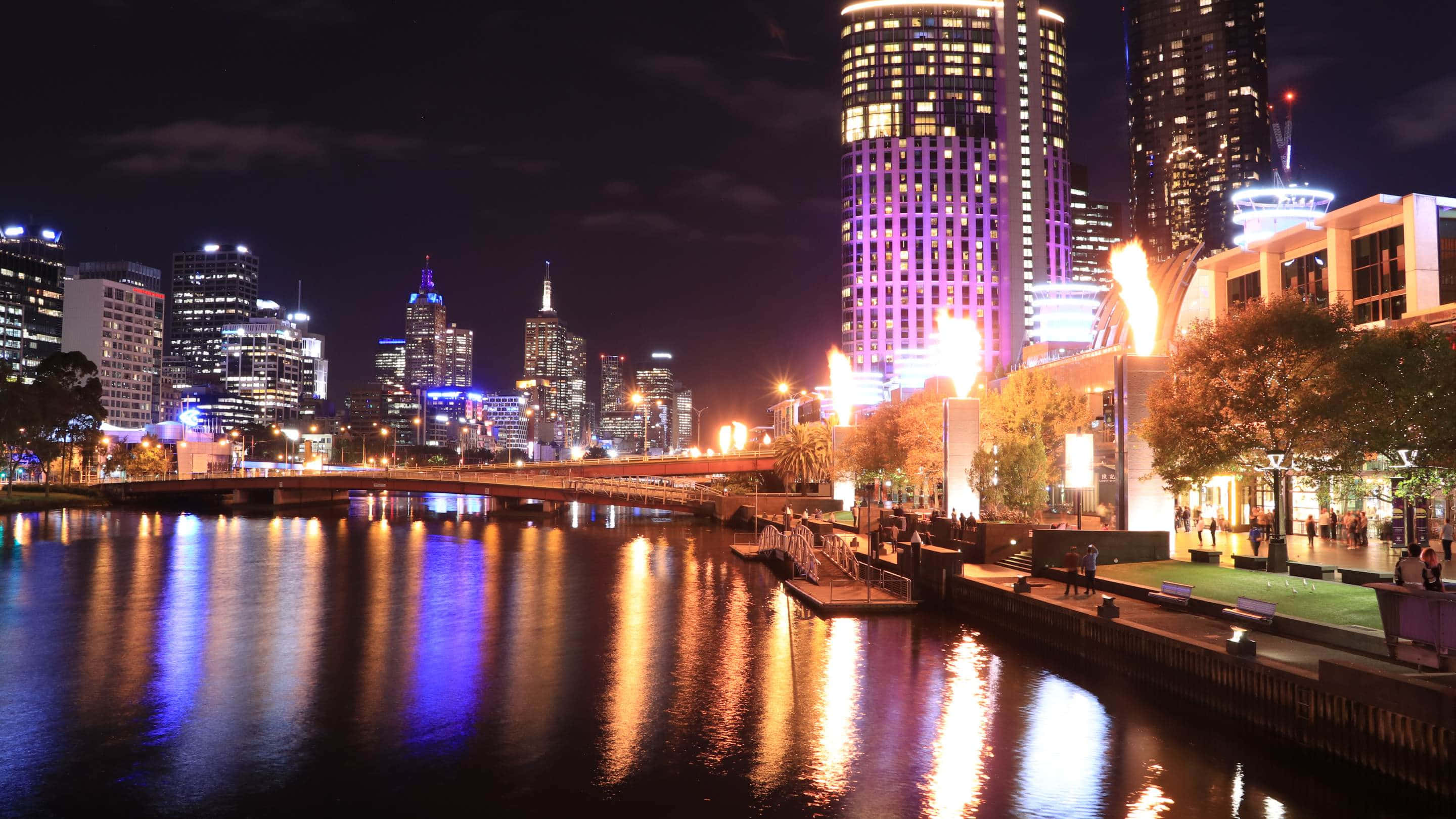 Melbourne South Wharf, nighttime skyline, illuminated skyscrapers, 2K Desktop Wallpaper
