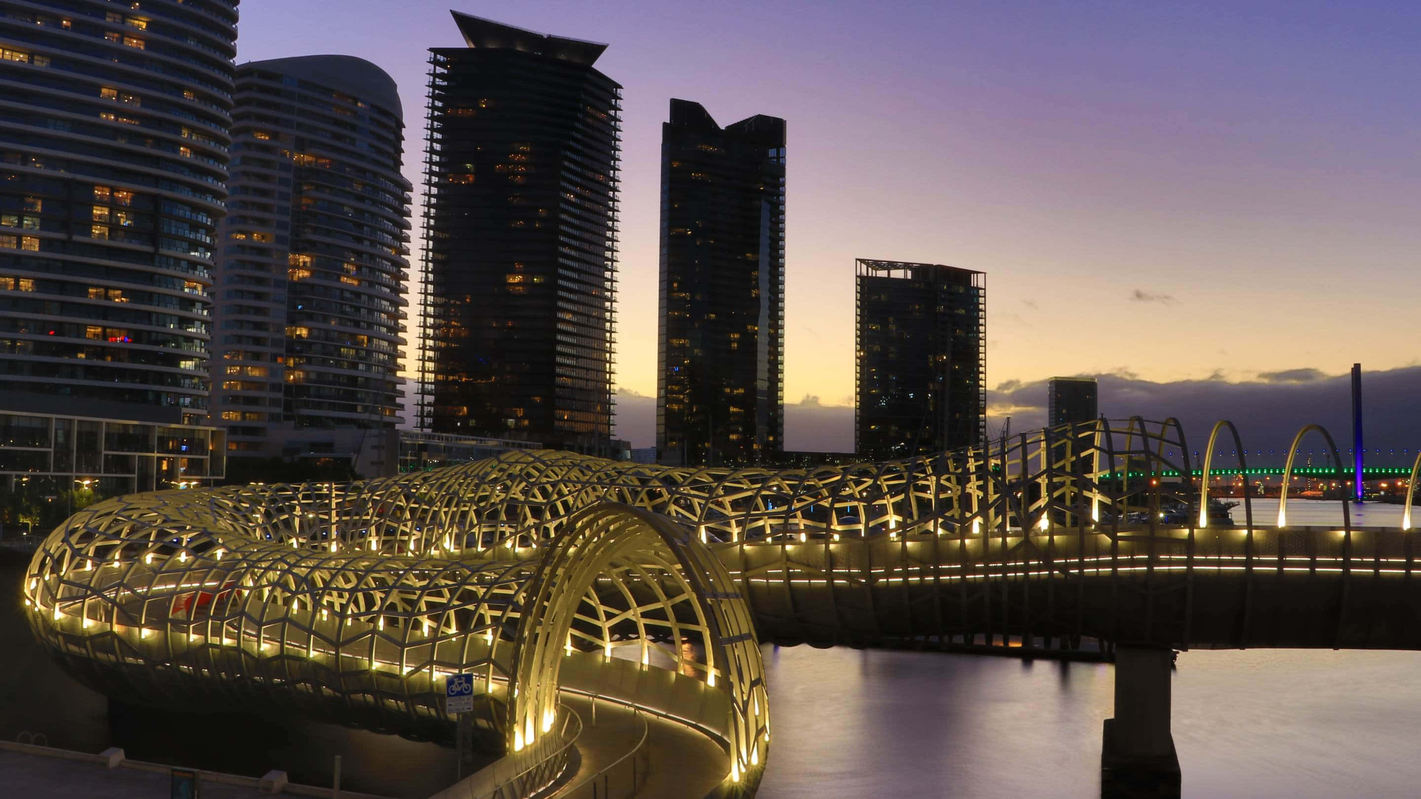 Melbourne South Wharf, sunset, golden pedestrian bridge, 2K Desktop Wallpaper