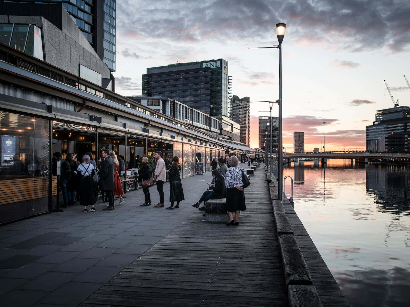 Melbourne South Wharf, dusk scene, wooden riverside walkway, HD Desktop Wallpaper