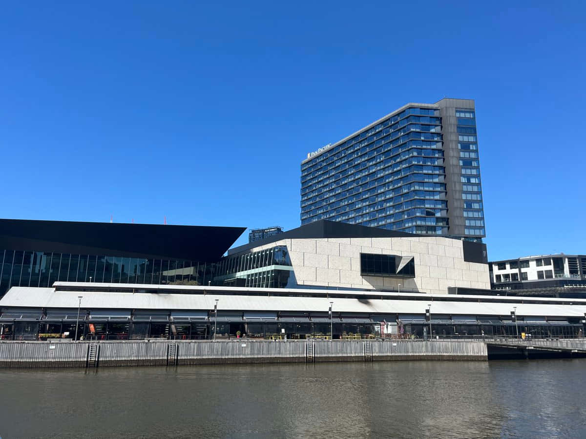 Melbourne South Wharf, riverfront architecture, modern glass and concrete buildings, SD Desktop Wallpaper