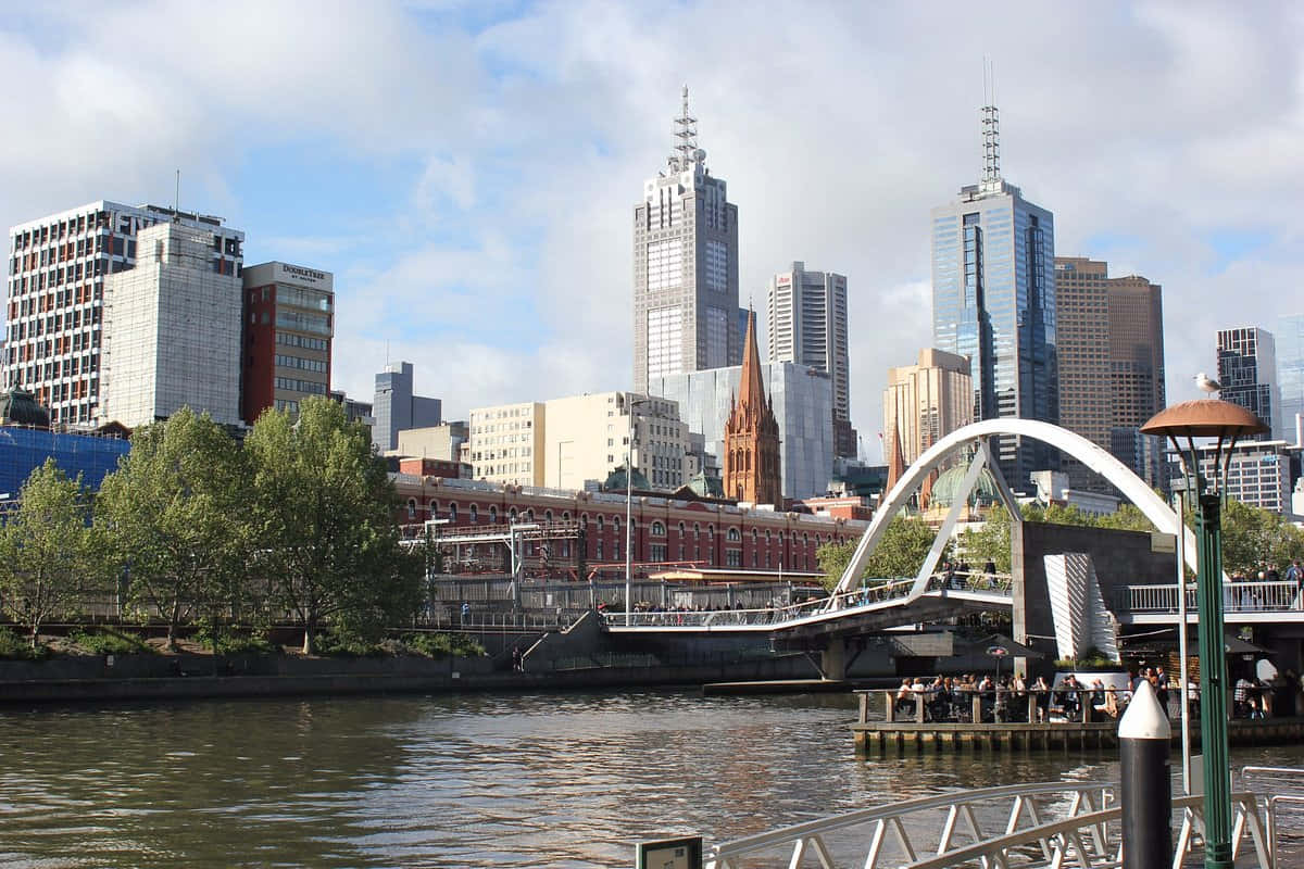 Melbourne South Wharf, glass skyscrapers, white arched bridge, SD Desktop Wallpaper
