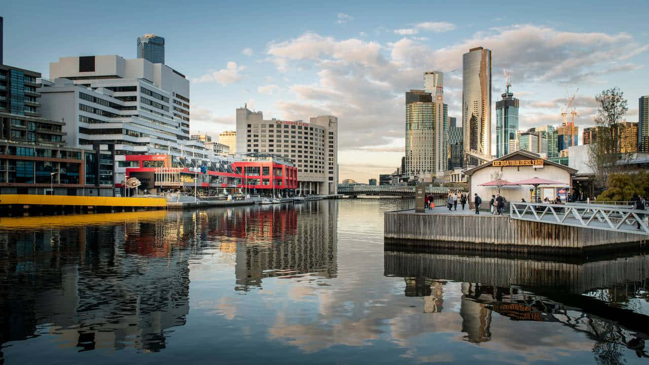 Melbourne South Wharf, skyline, calm water, HD Desktop Wallpaper