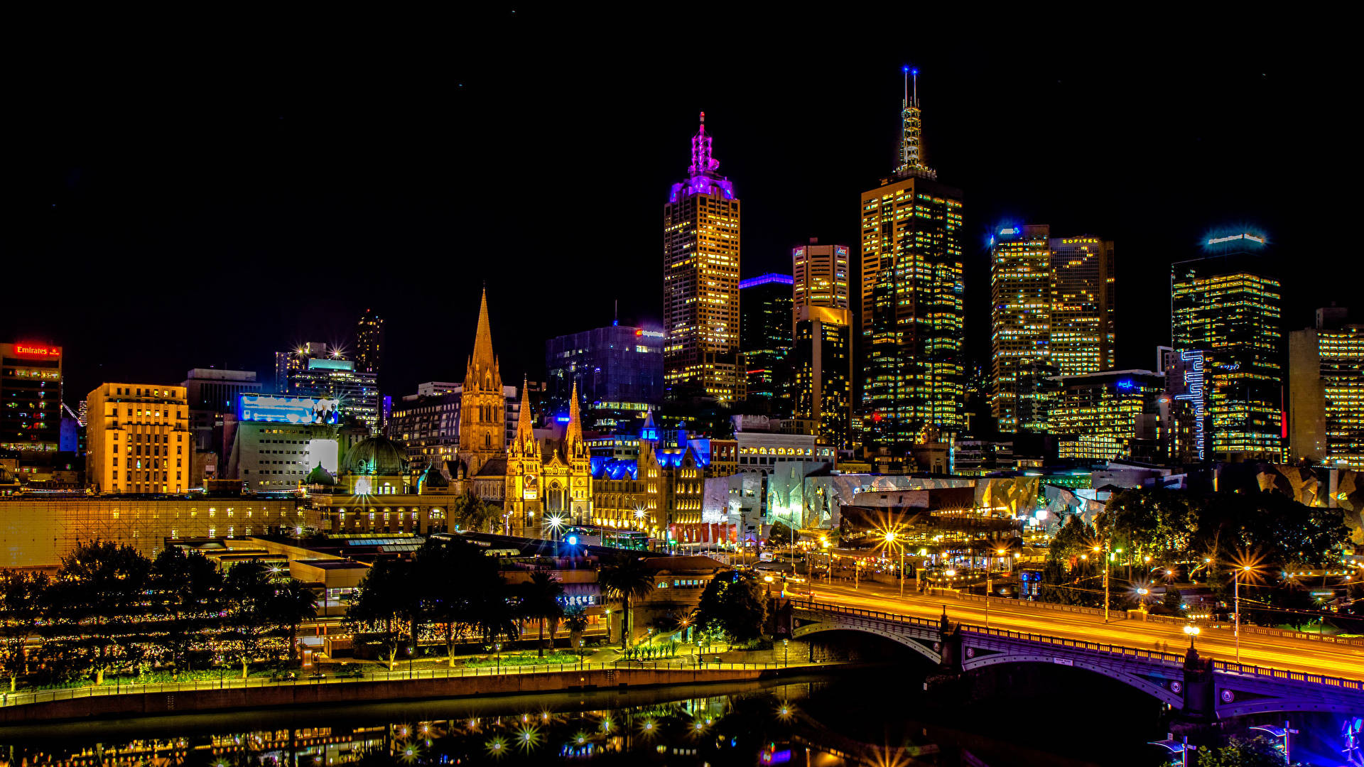 Melbourne, city at night, illuminated skyscrapers, Full HD Desktop Wallpaper