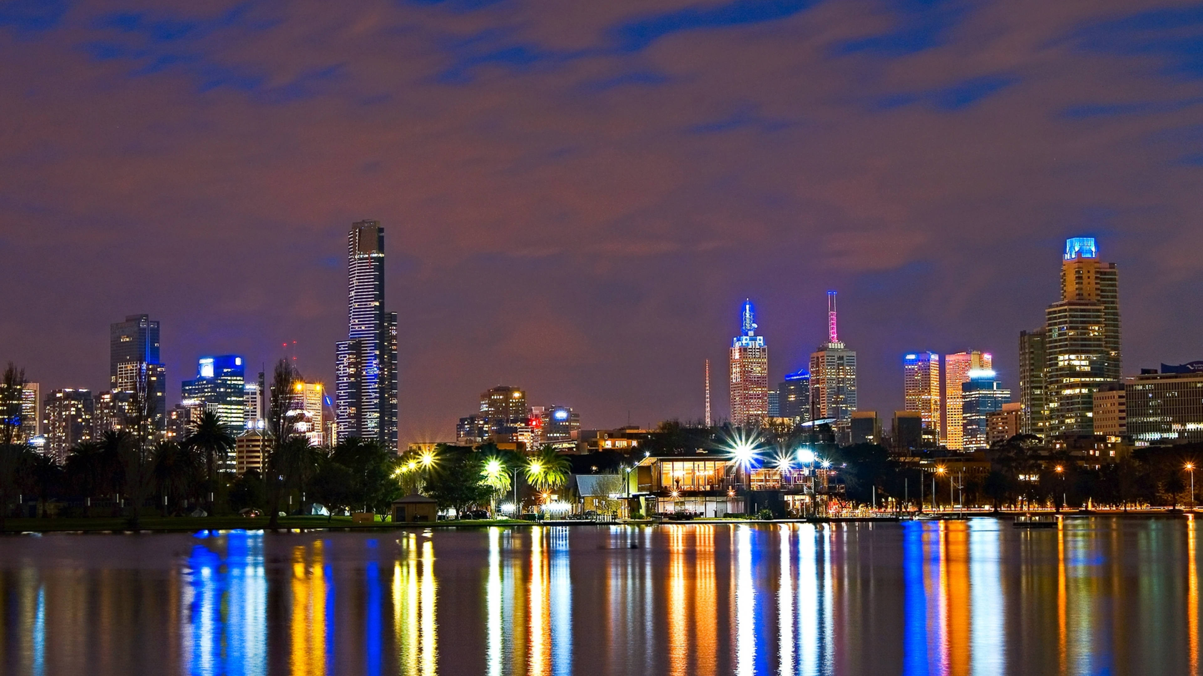 Melbourne, night, lake, 4K Desktop Wallpaper