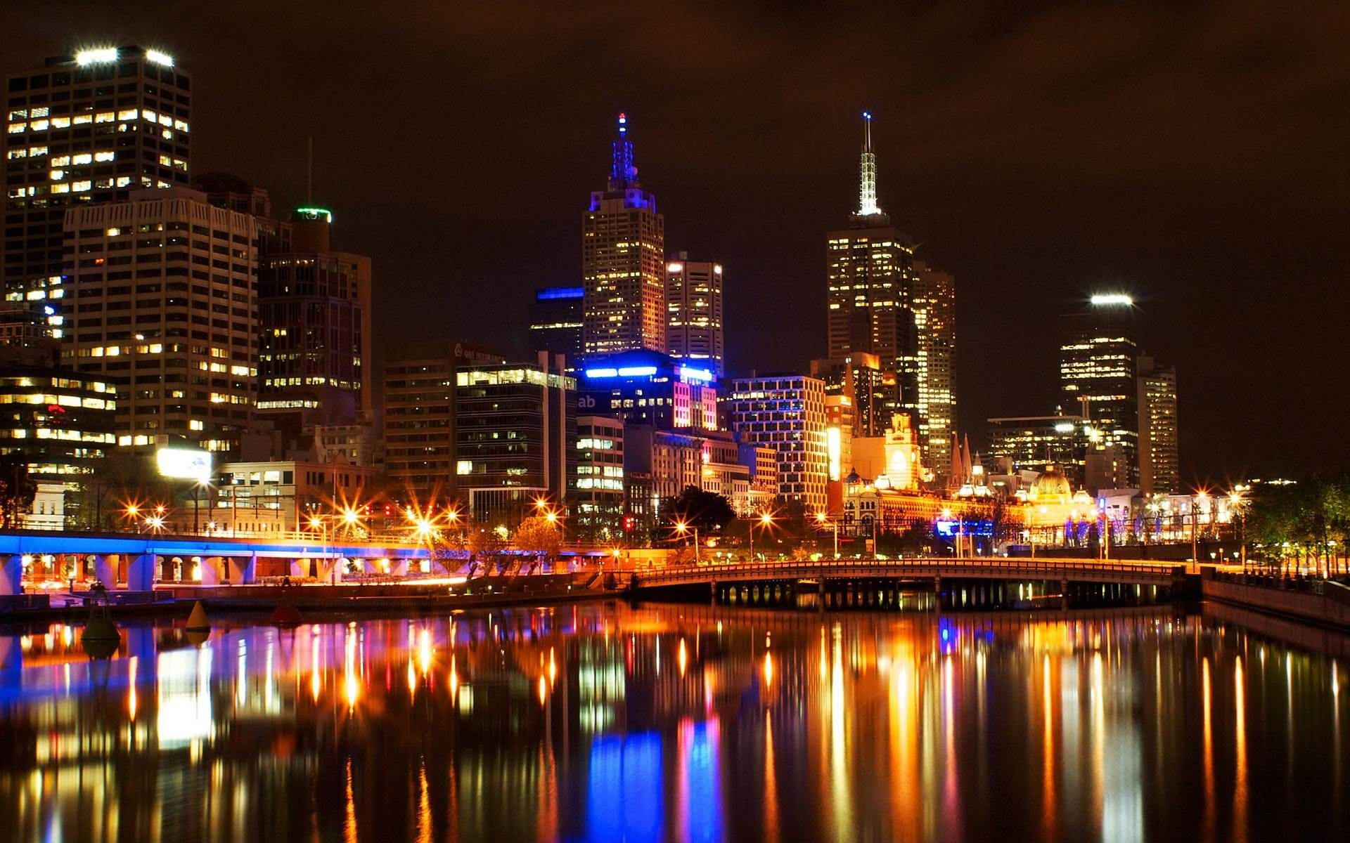 Melbourne, nighttime cityscape, illuminated skyscrapers, Full HD Desktop Wallpaper