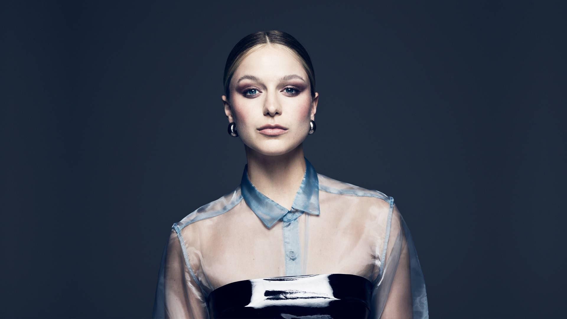 Melissa Benoist, blue eyes, sheer blue collar shirt, Full HD Desktop Wallpaper