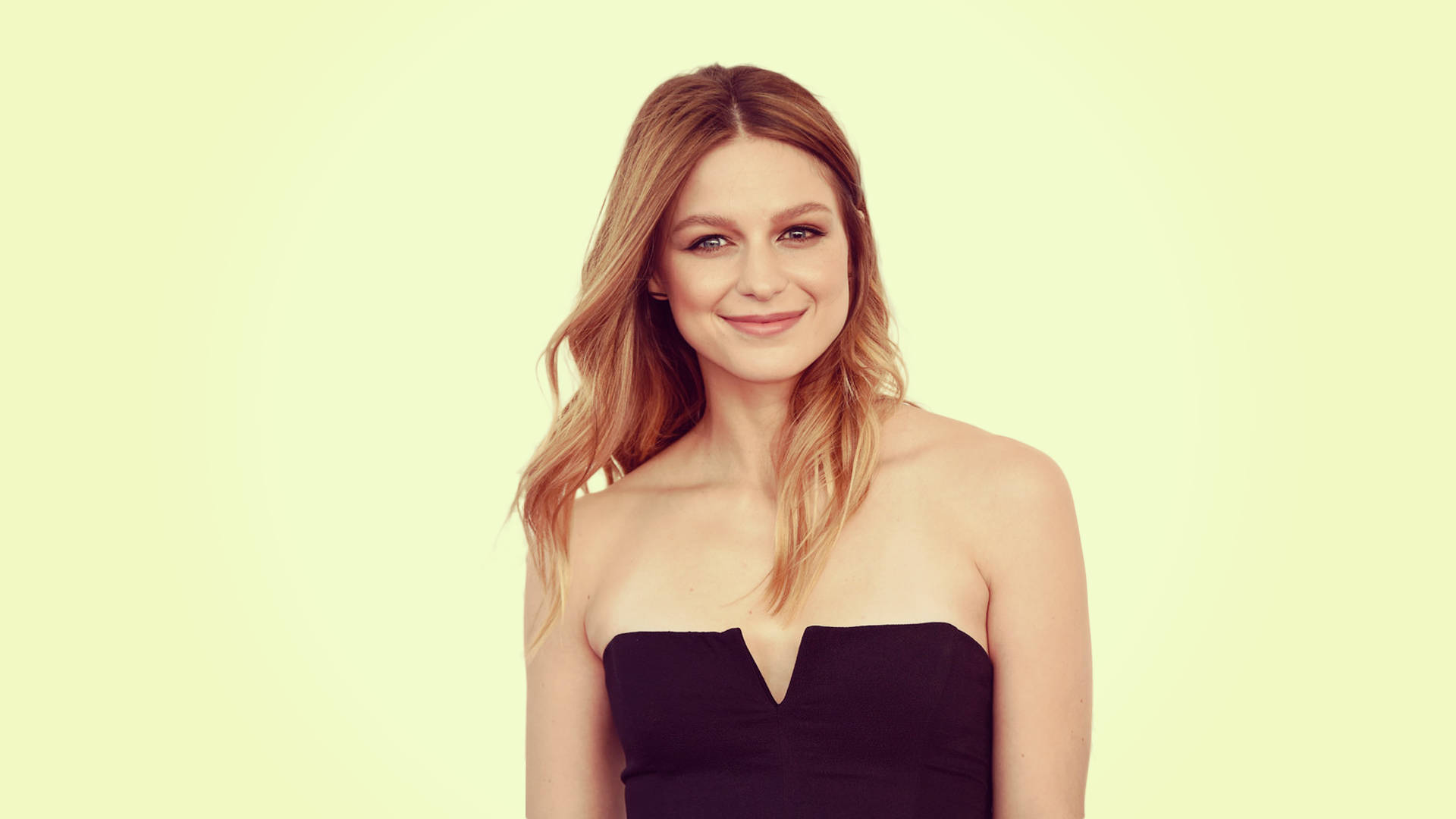 Melissa Benoist, wavy blonde hair, black strapless dress, Full HD Desktop Wallpaper