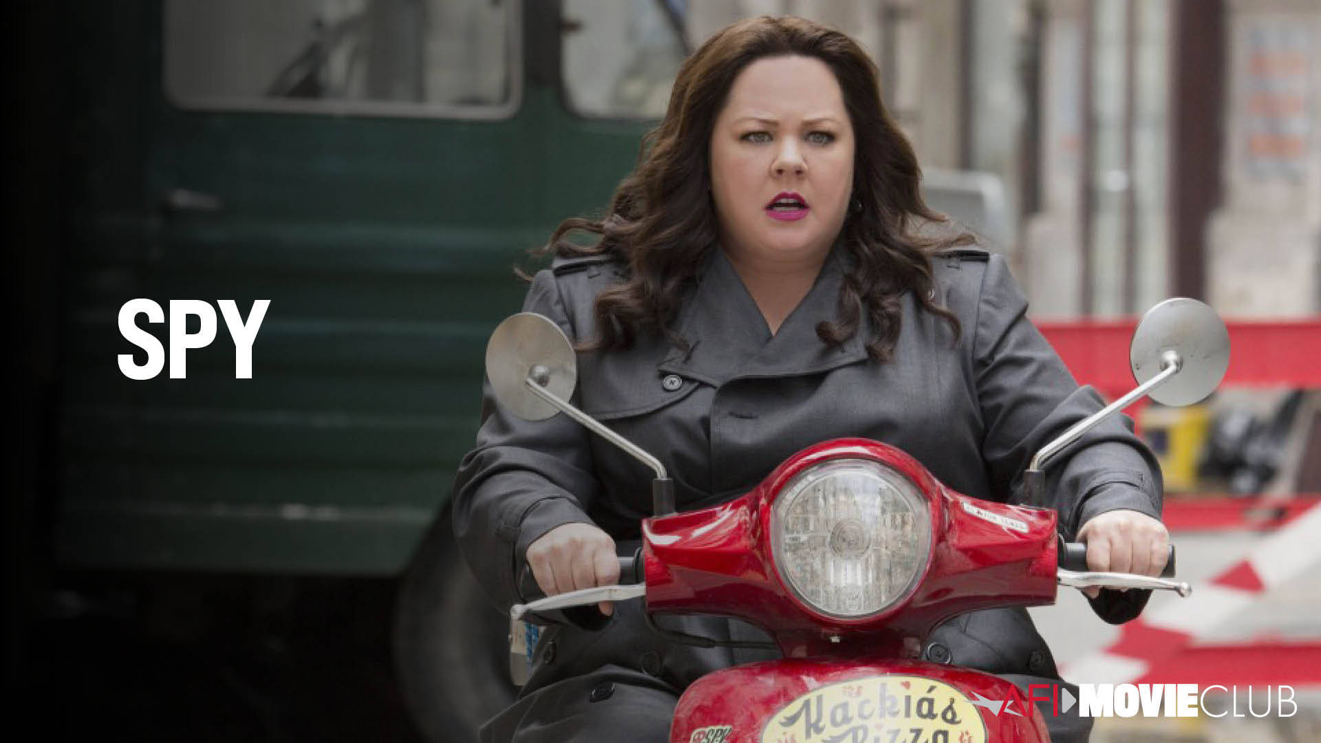 Melissa McCarthy, gray trench coat, red scooter, Full HD Desktop Wallpaper