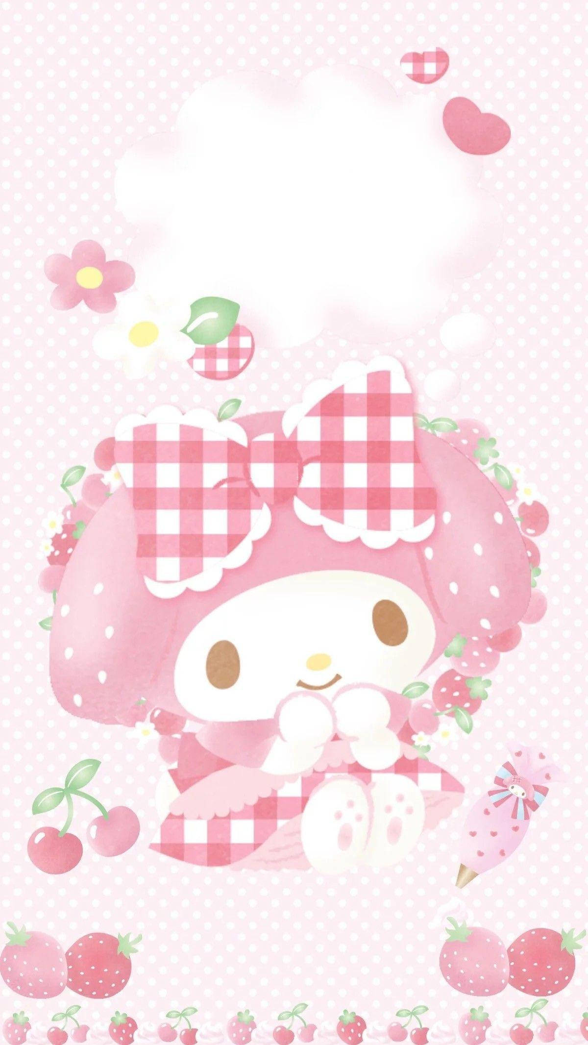 My Melody, pink ribbon, strawberry-themed outfit, Full HD Phone Wallpaper