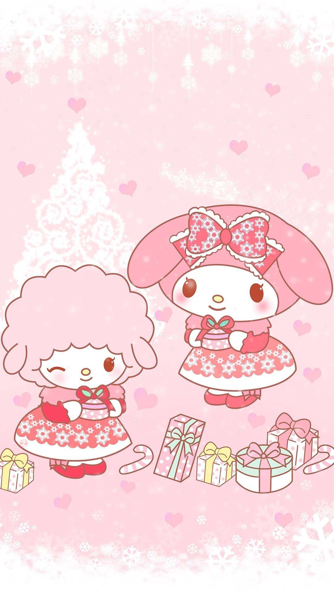 My Melody, Pink Christmas Gifts, snowy pink background, Full HD Phone Wallpaper