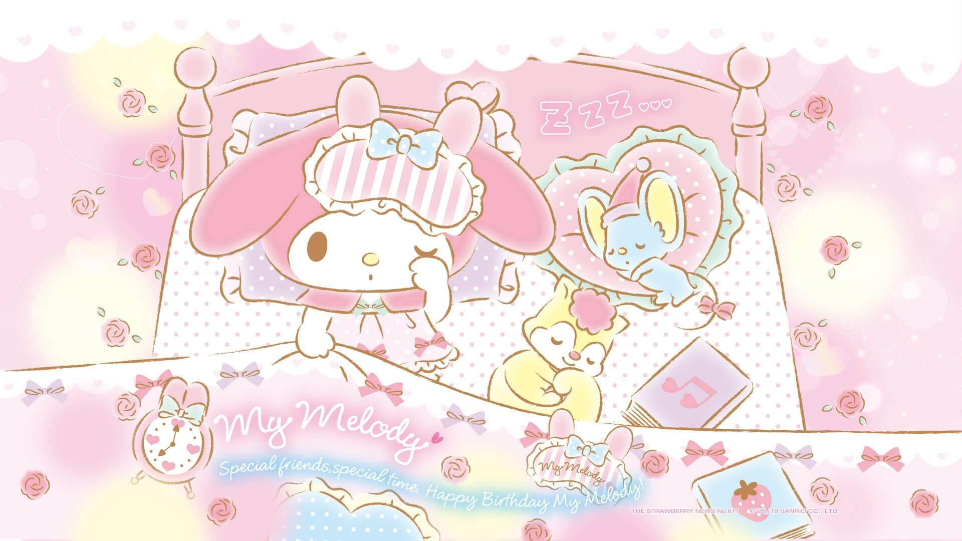My Melody, pastel pink bedroom, roses, Full HD Desktop Wallpaper