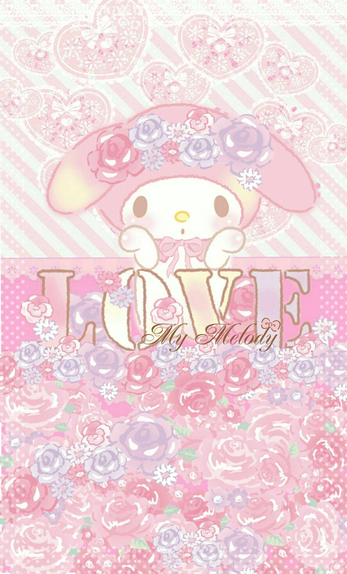 My Melody, floral pink background, hearts, Full HD Phone Wallpaper