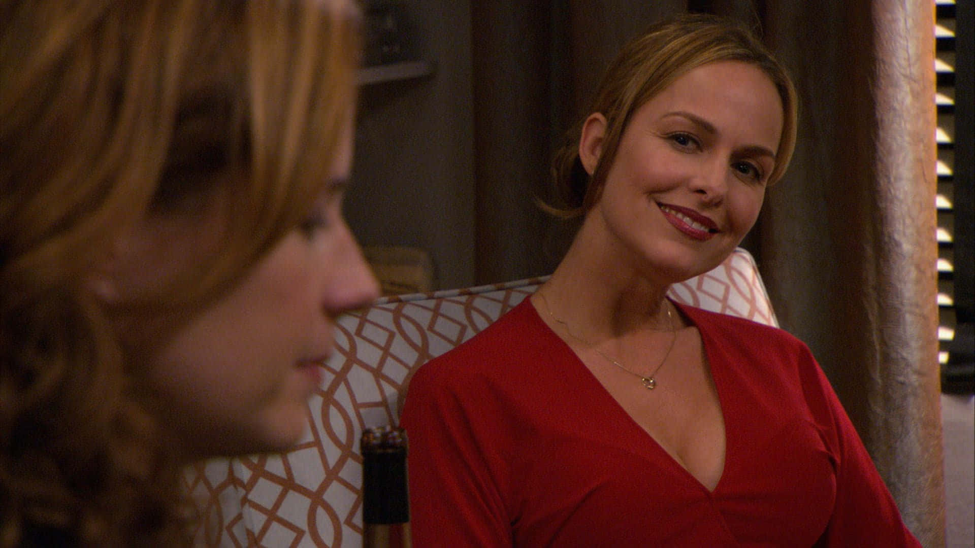 Melora Hardin, red top, smiling, Full HD Desktop Wallpaper