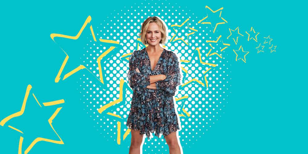 Melora Hardin, floral dress, vibrant turquoise background, SD Desktop Wallpaper