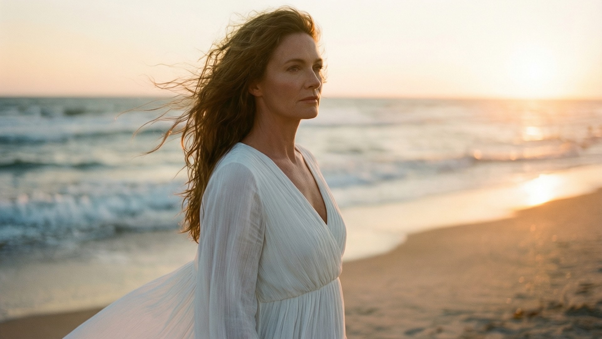 Melora Hardin, beach, sunset, Full HD Desktop Wallpaper