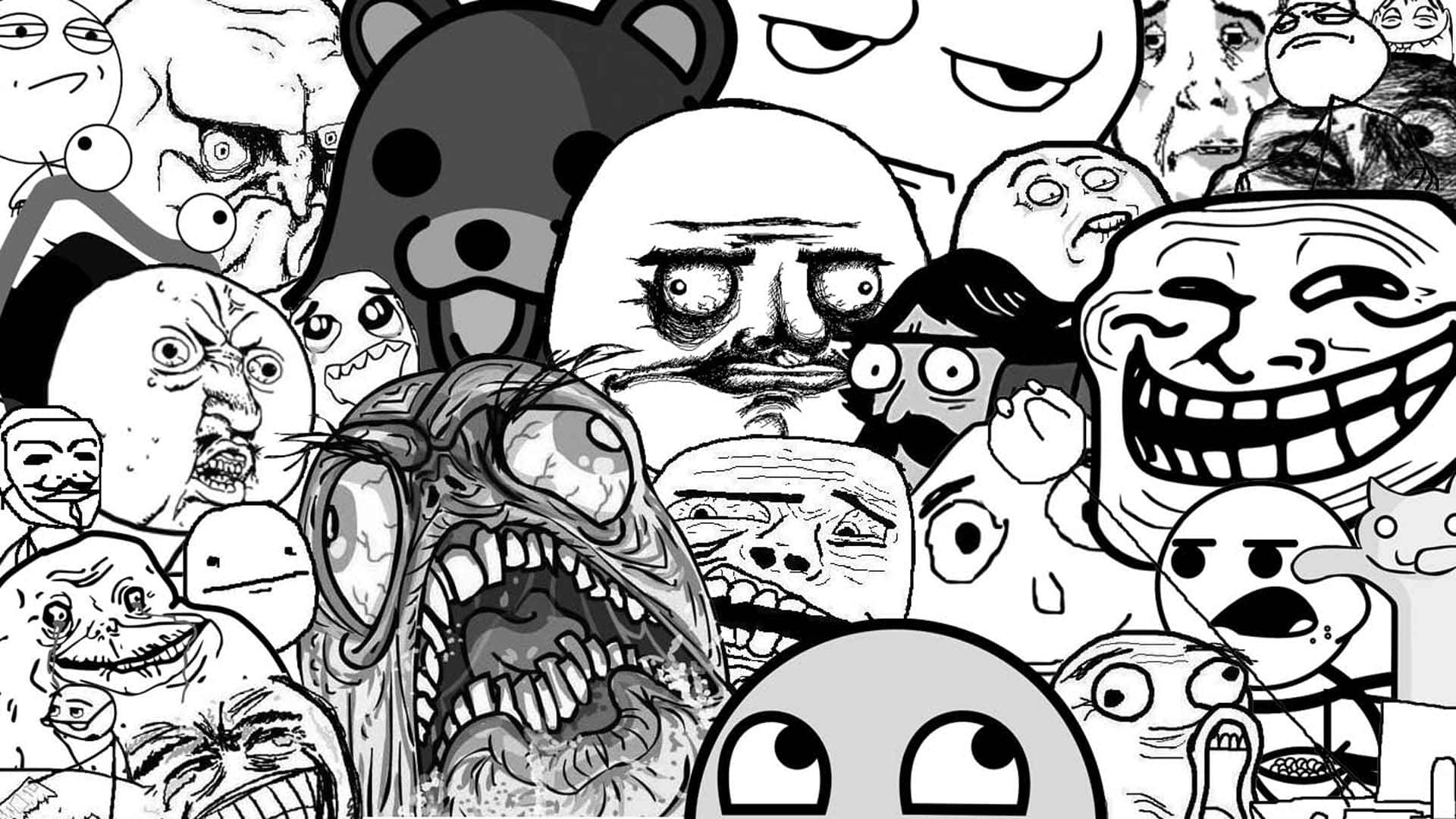 Meme Laptop, Funny Doodle Troll Faces, black and white collage, Full HD Desktop Wallpaper
