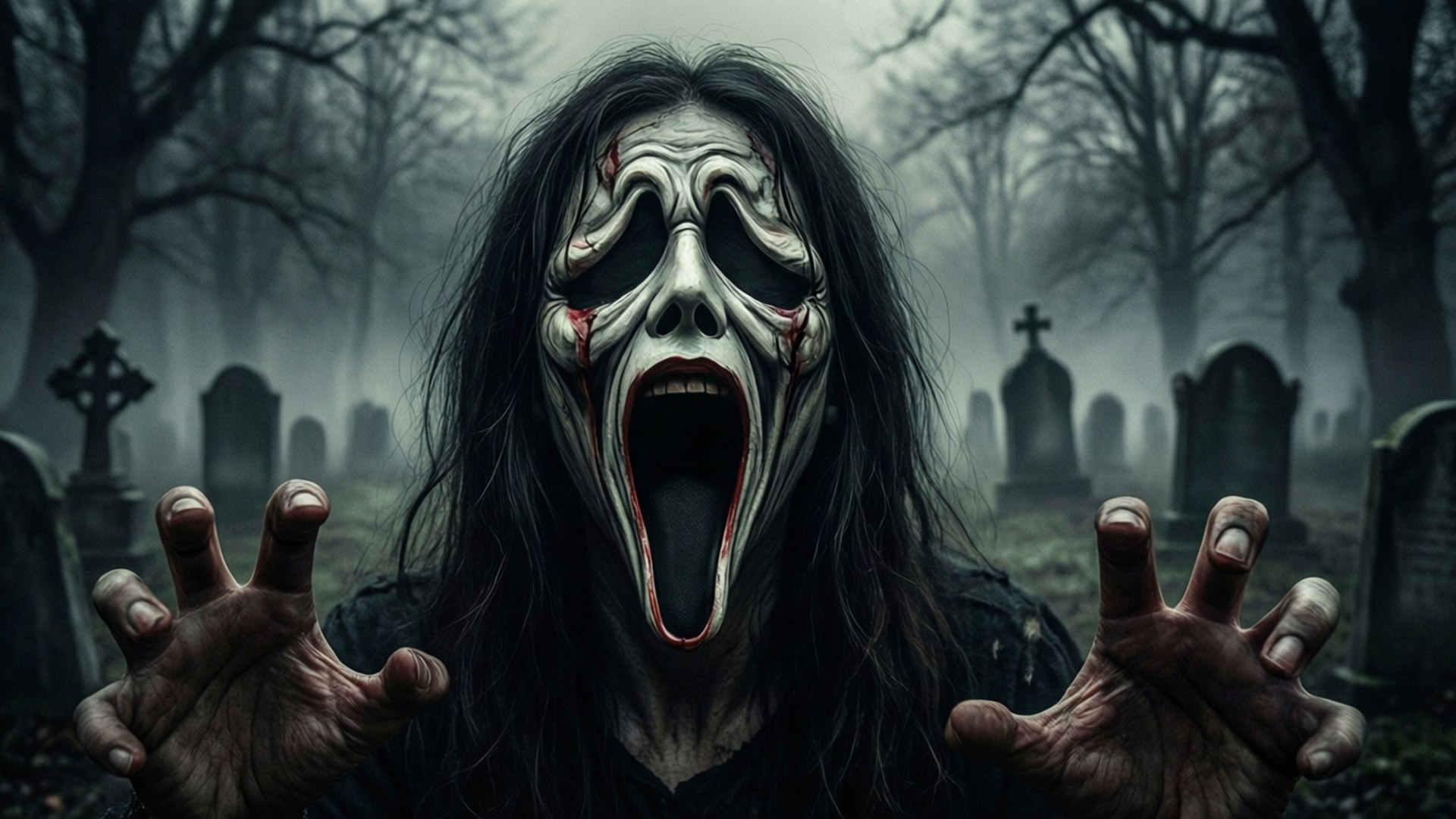 screaming ghostly figure, bloodied face, outstretched hands, Full HD Desktop Wallpaper