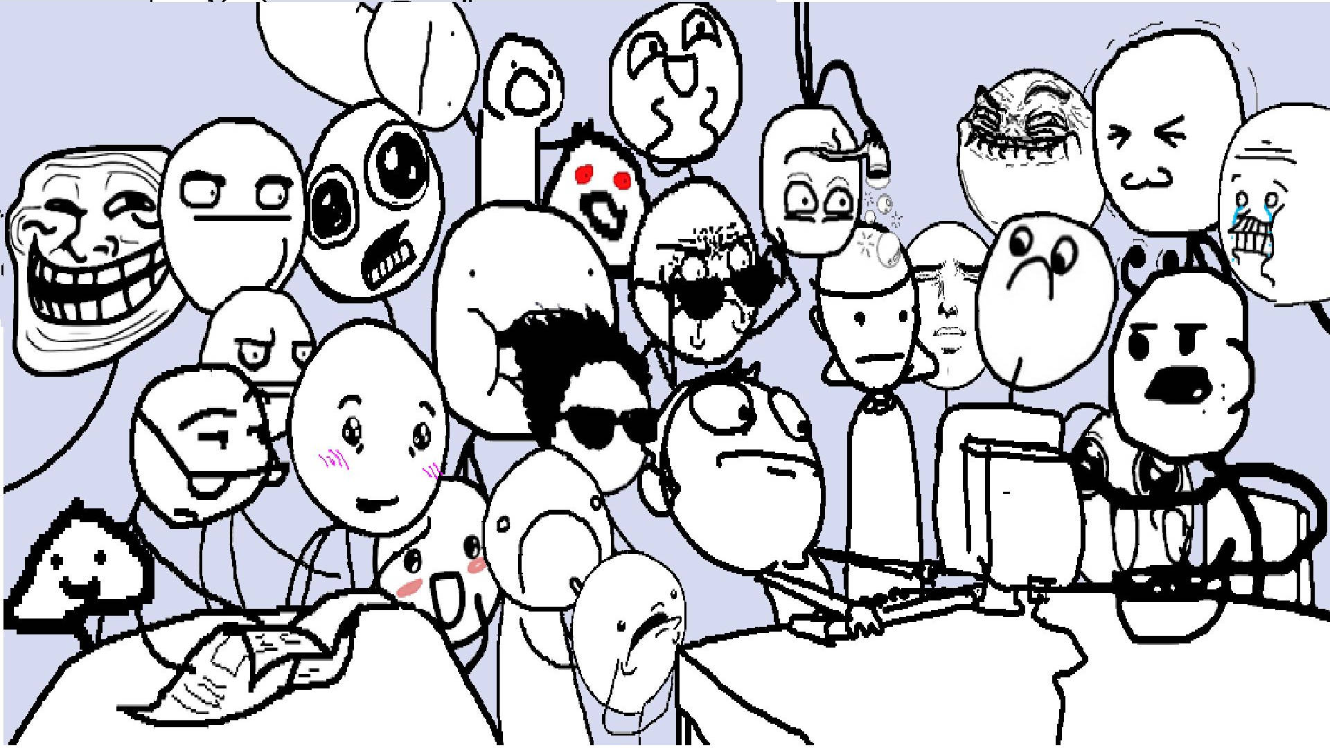 internet meme faces, person typing at a computer desk, chaotic crowd, Full HD Desktop Wallpaper