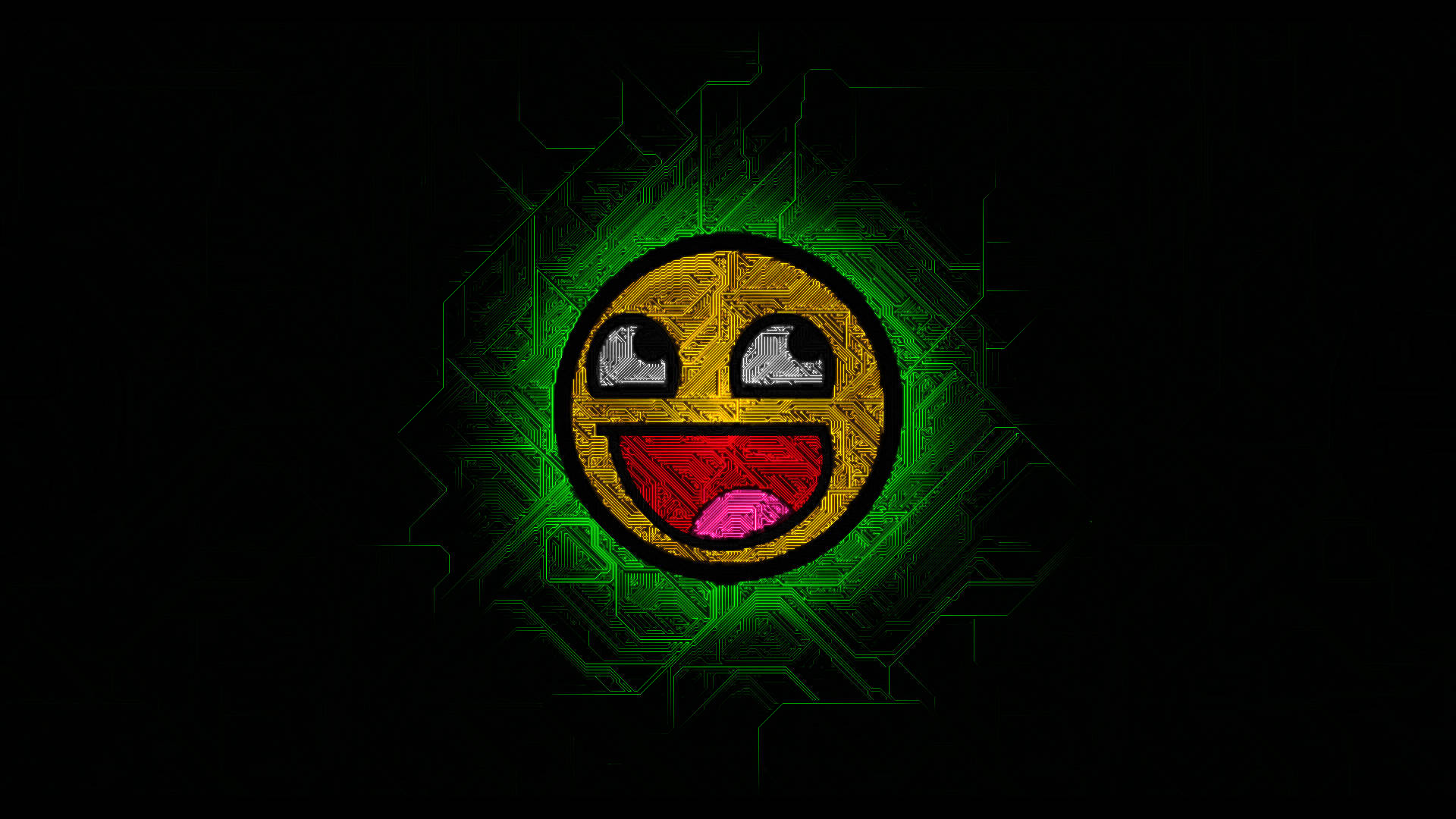 glowing green circuit-board smiley face, red mouth, pink tongue, Full HD Desktop Wallpaper
