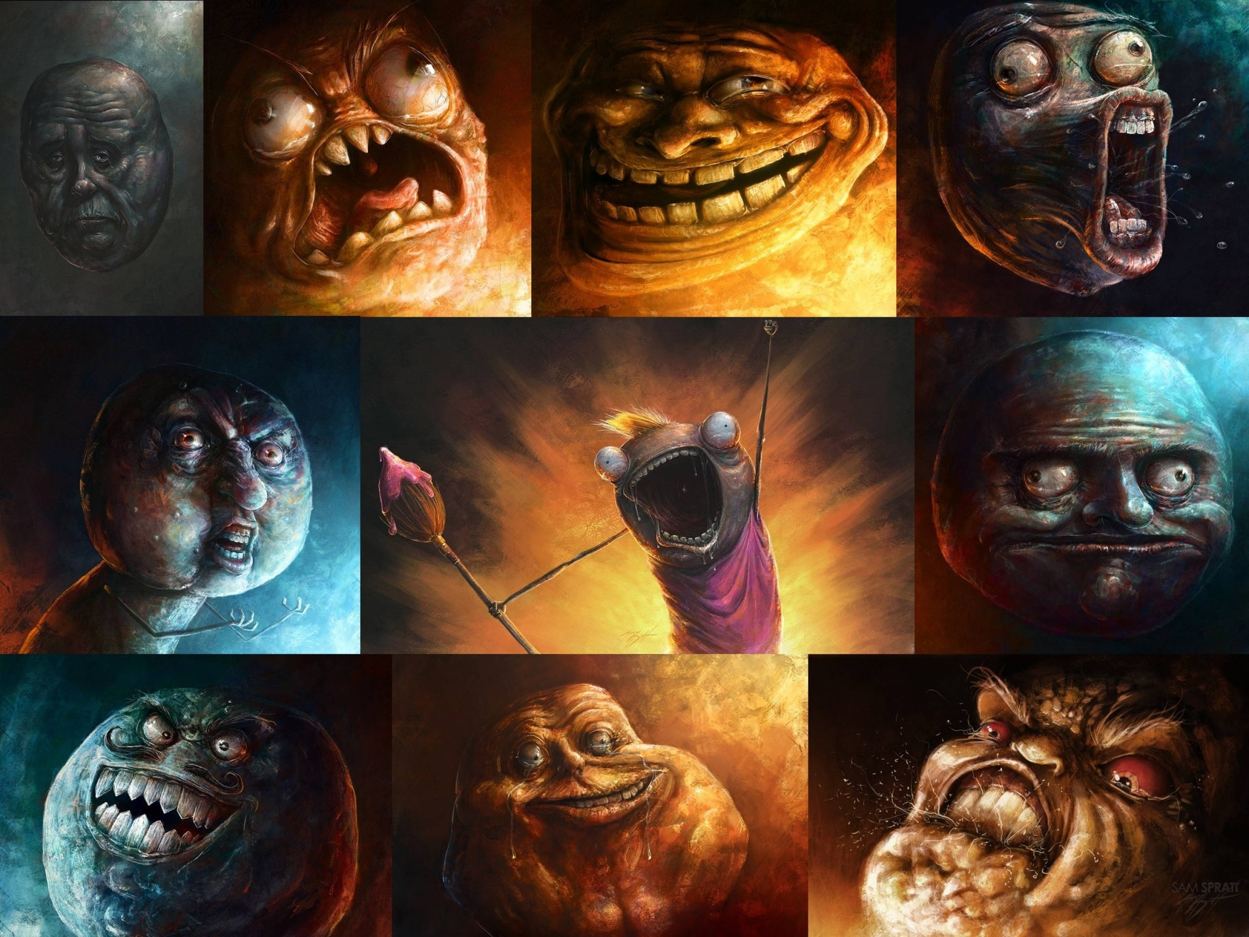Meme Faces, horror, collage, 2K Desktop Wallpaper