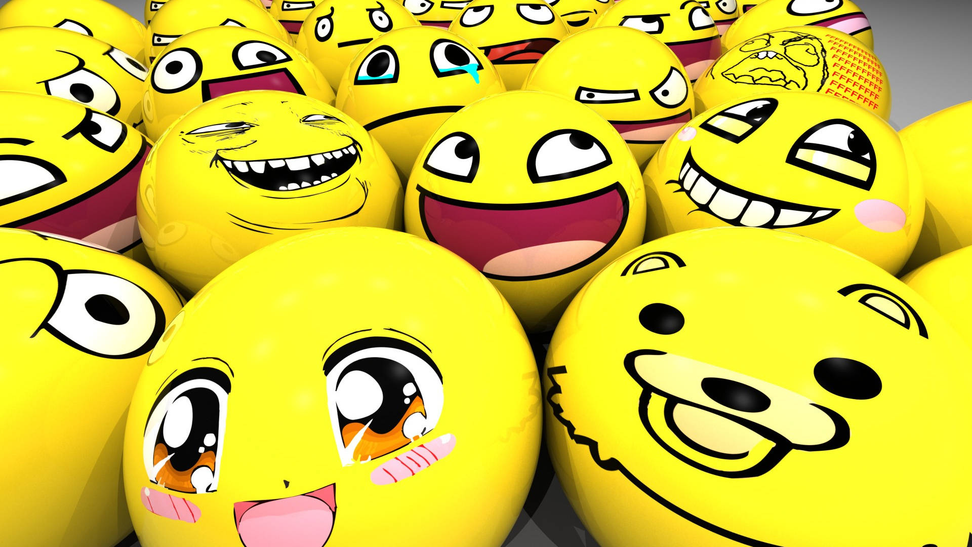 3D Smiley Emoji, glossy yellow emoji spheres, exaggerated cartoonish expressions, Full HD Desktop Wallpaper