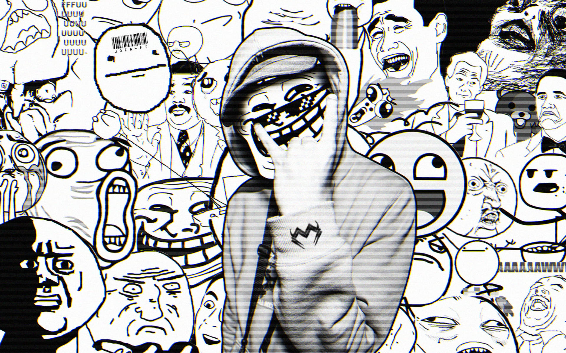 grayscale hoodie, skull mask, chaotic collage of internet memes, Full HD Desktop Wallpaper