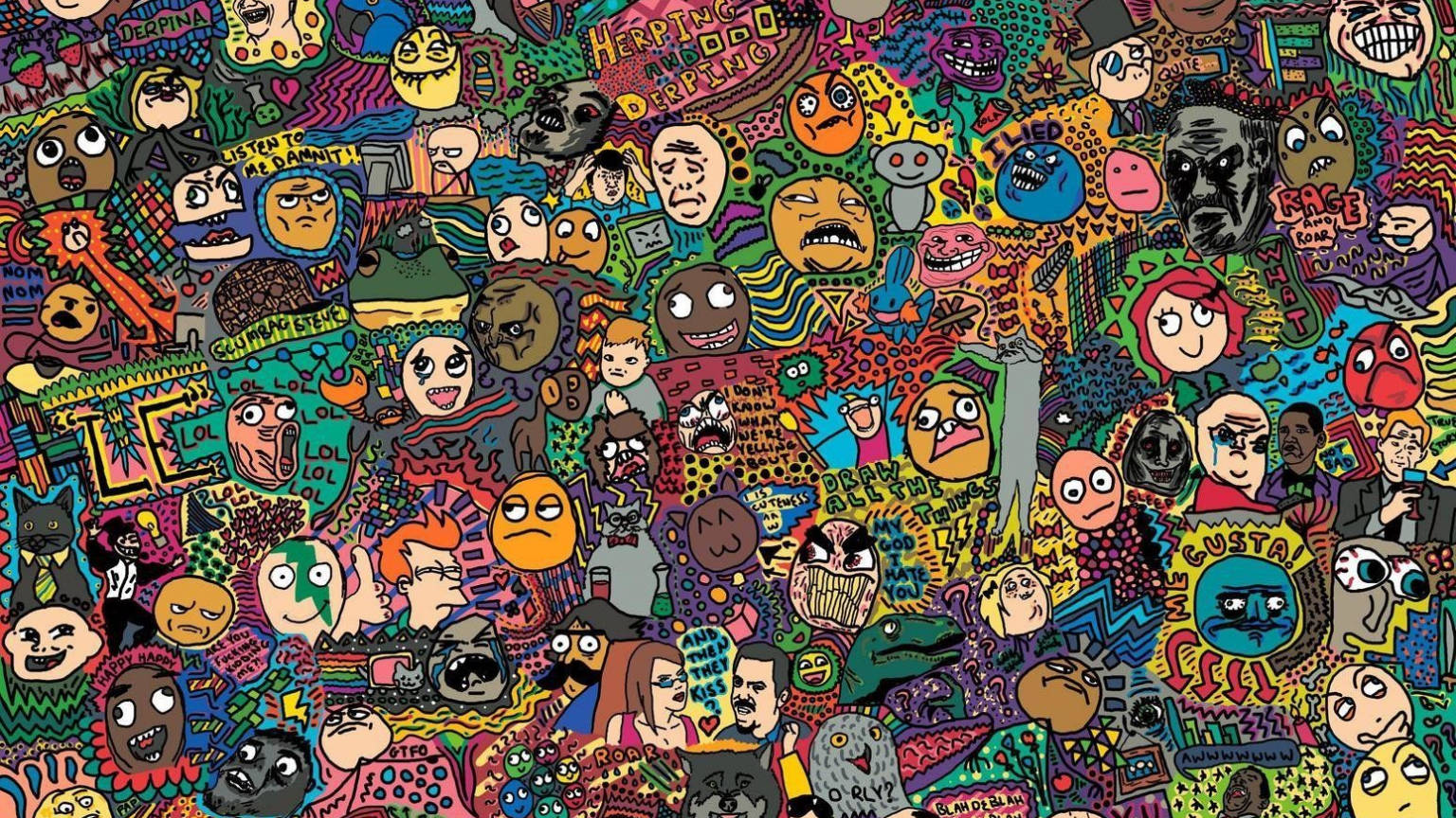 colorful, cartoon faces, doodles, HD Desktop Wallpaper