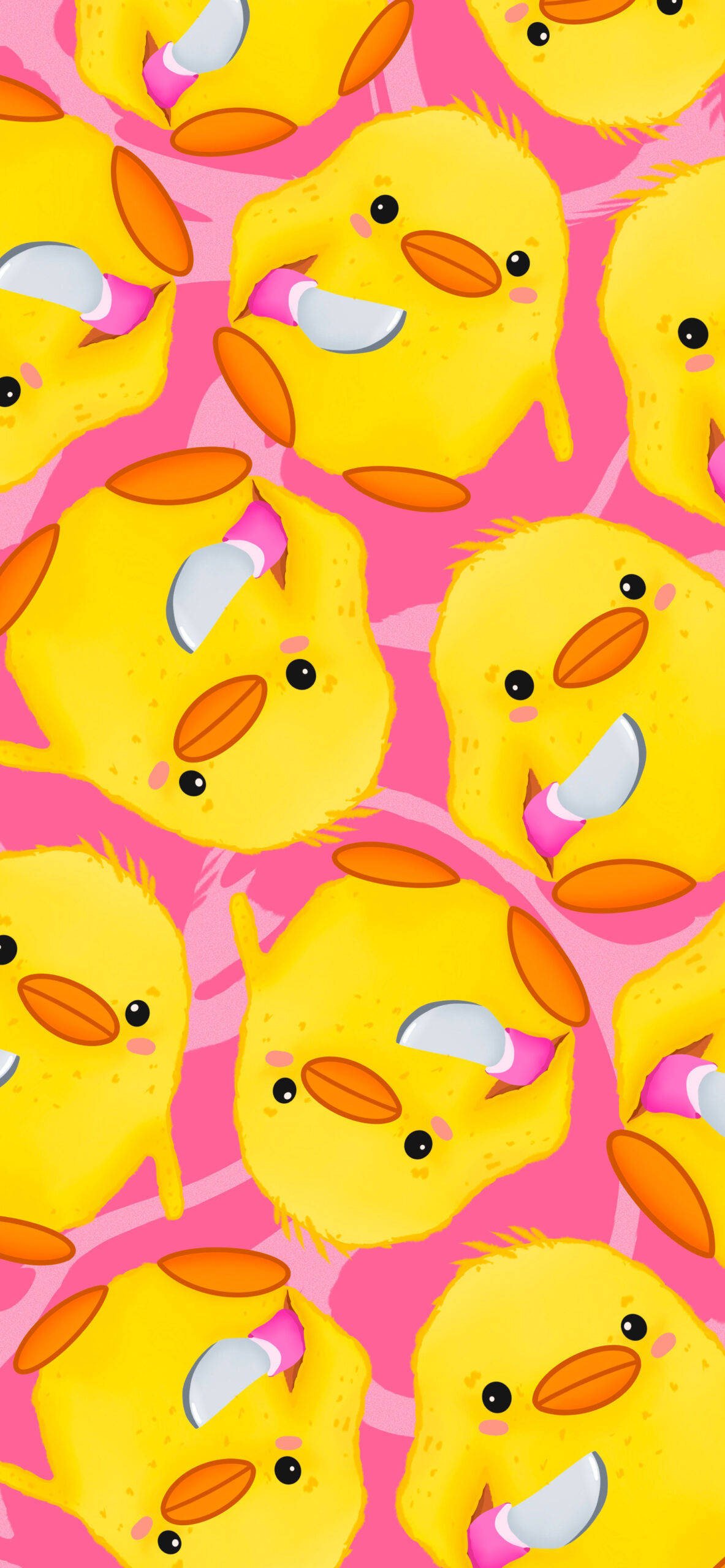 pink background, cute yellow ducklings, pink phones, 2K Phone Wallpaper