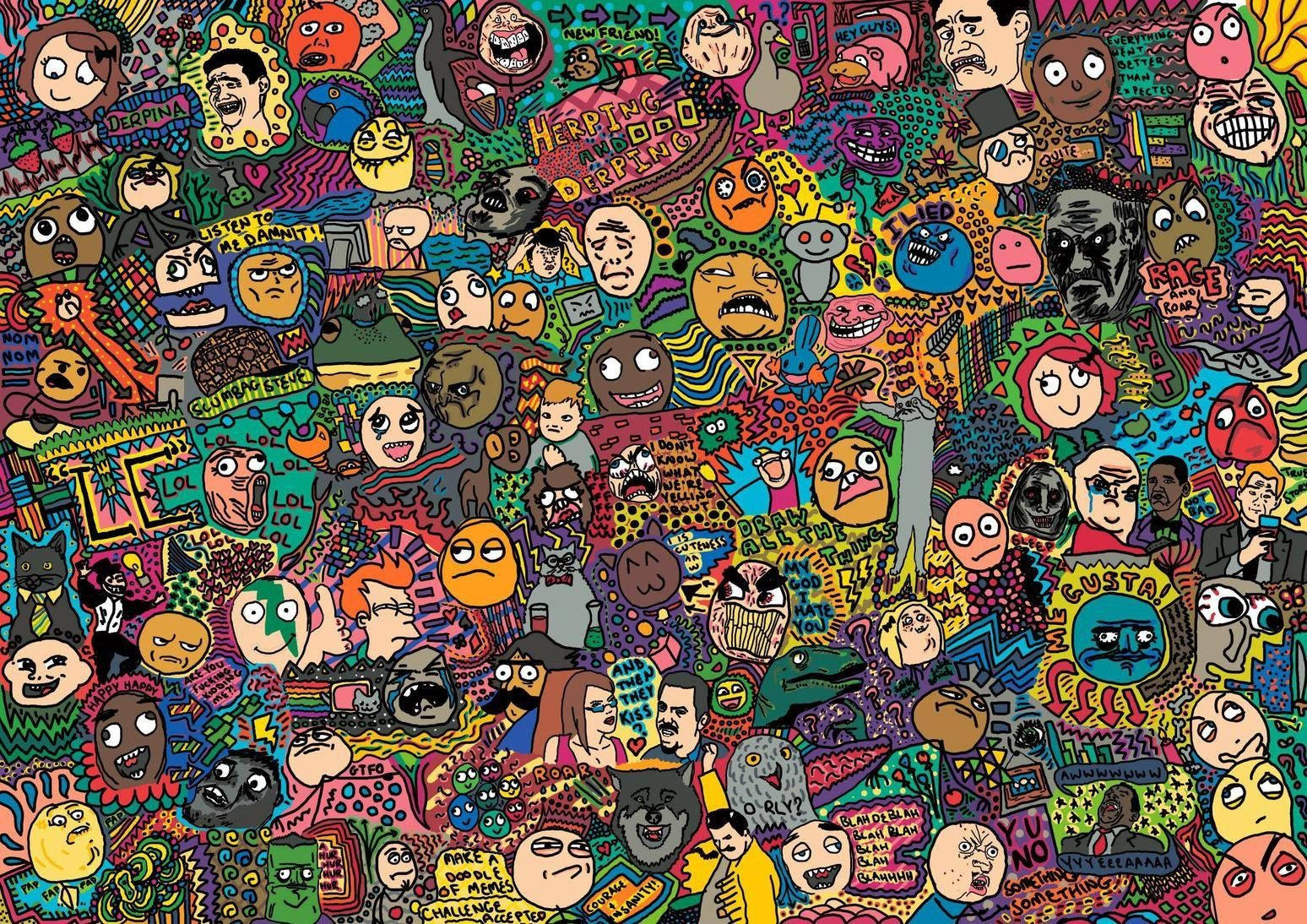colorful rage comics memes, chaotic explosion, colorful cartoon faces, HD Desktop Wallpaper