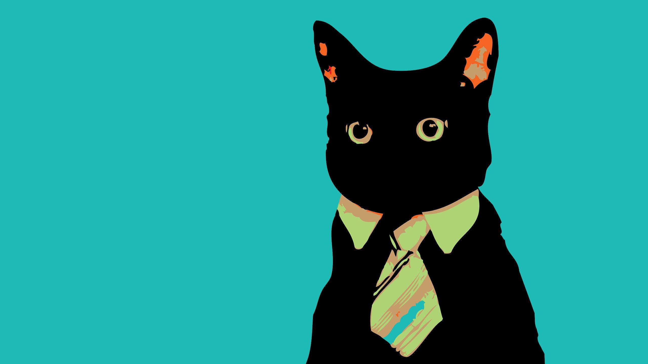 black cat, green shirt, striped tie, 2K Desktop Wallpaper